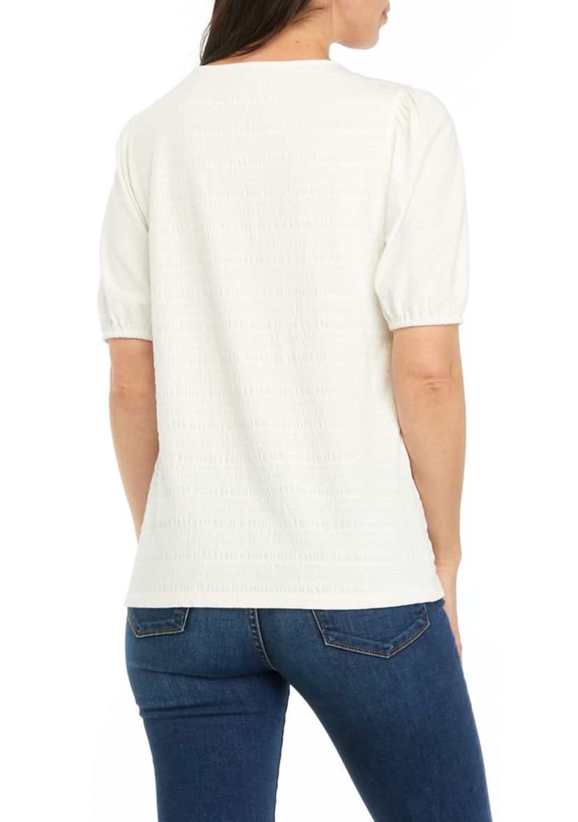 Womens Solid Smocked Knit Top