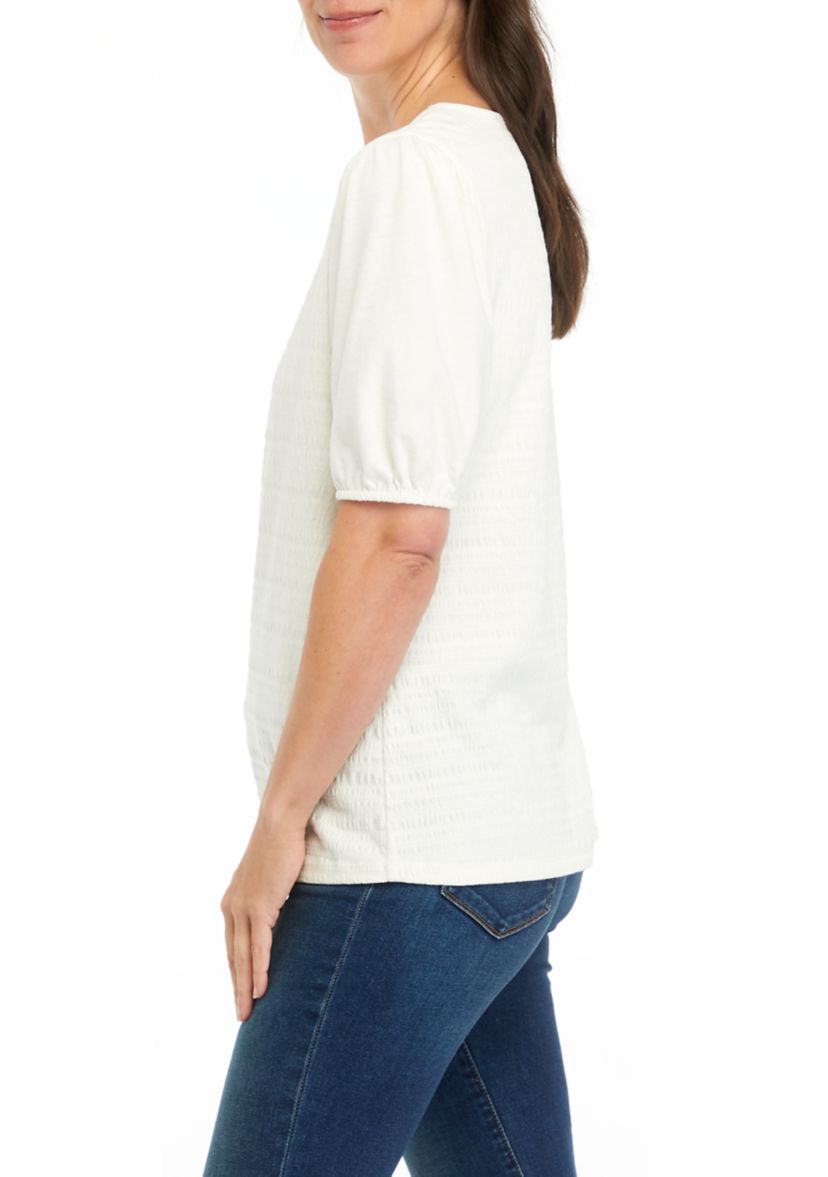 Womens Solid Smocked Knit Top