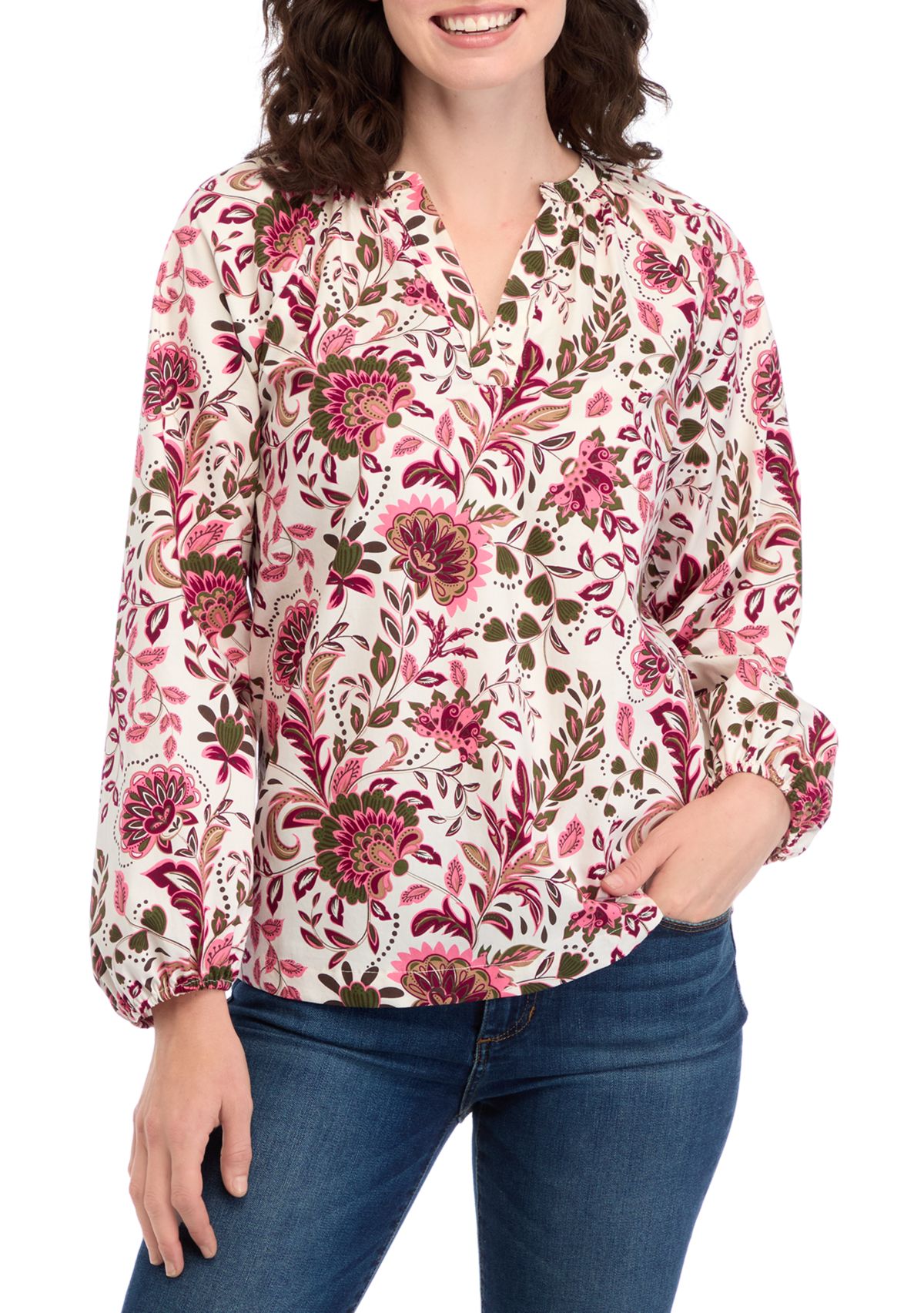 Womens Long Sleeve Printed Peasant Top 