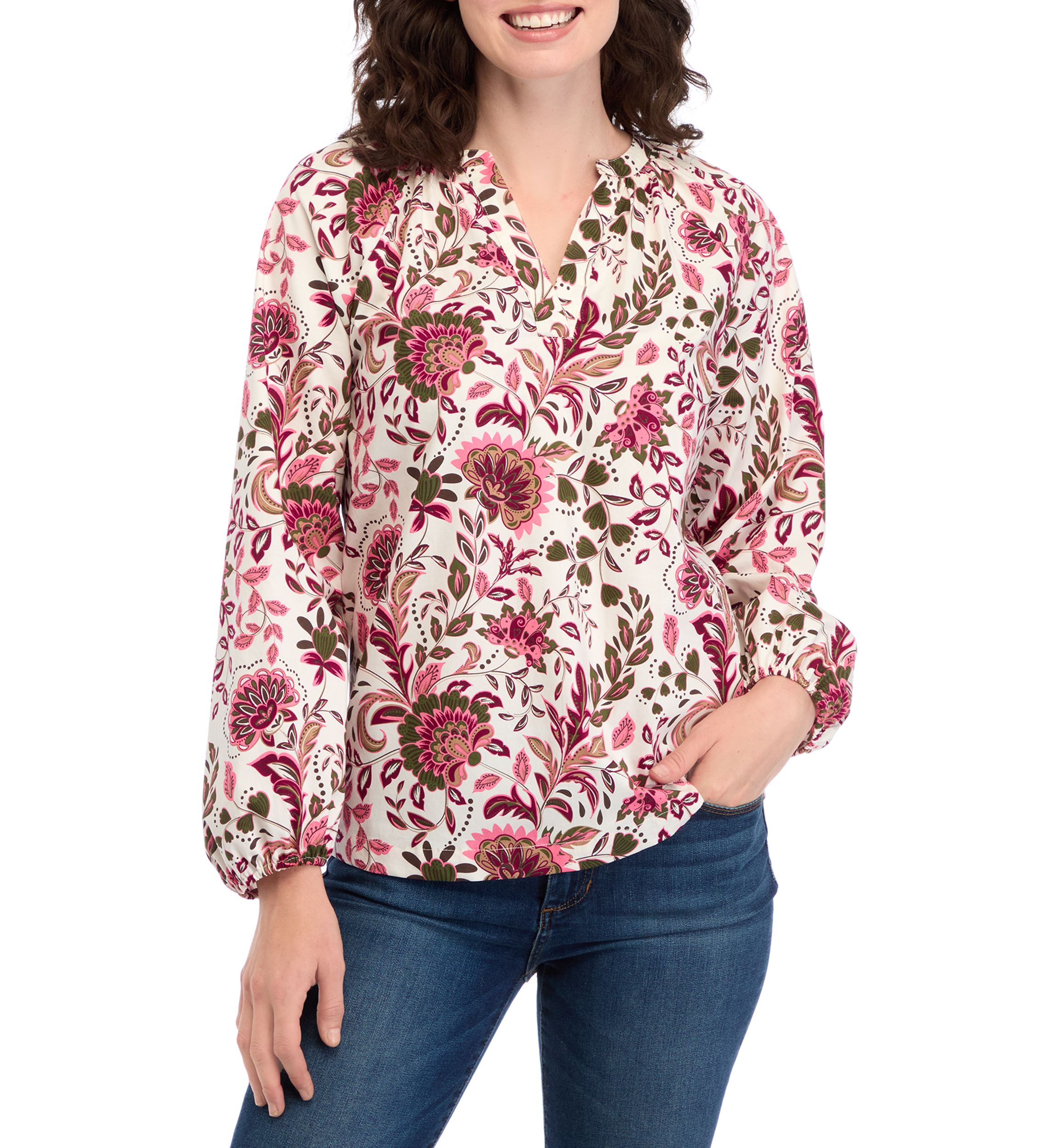 Womens Long Sleeve Printed Peasant Top 