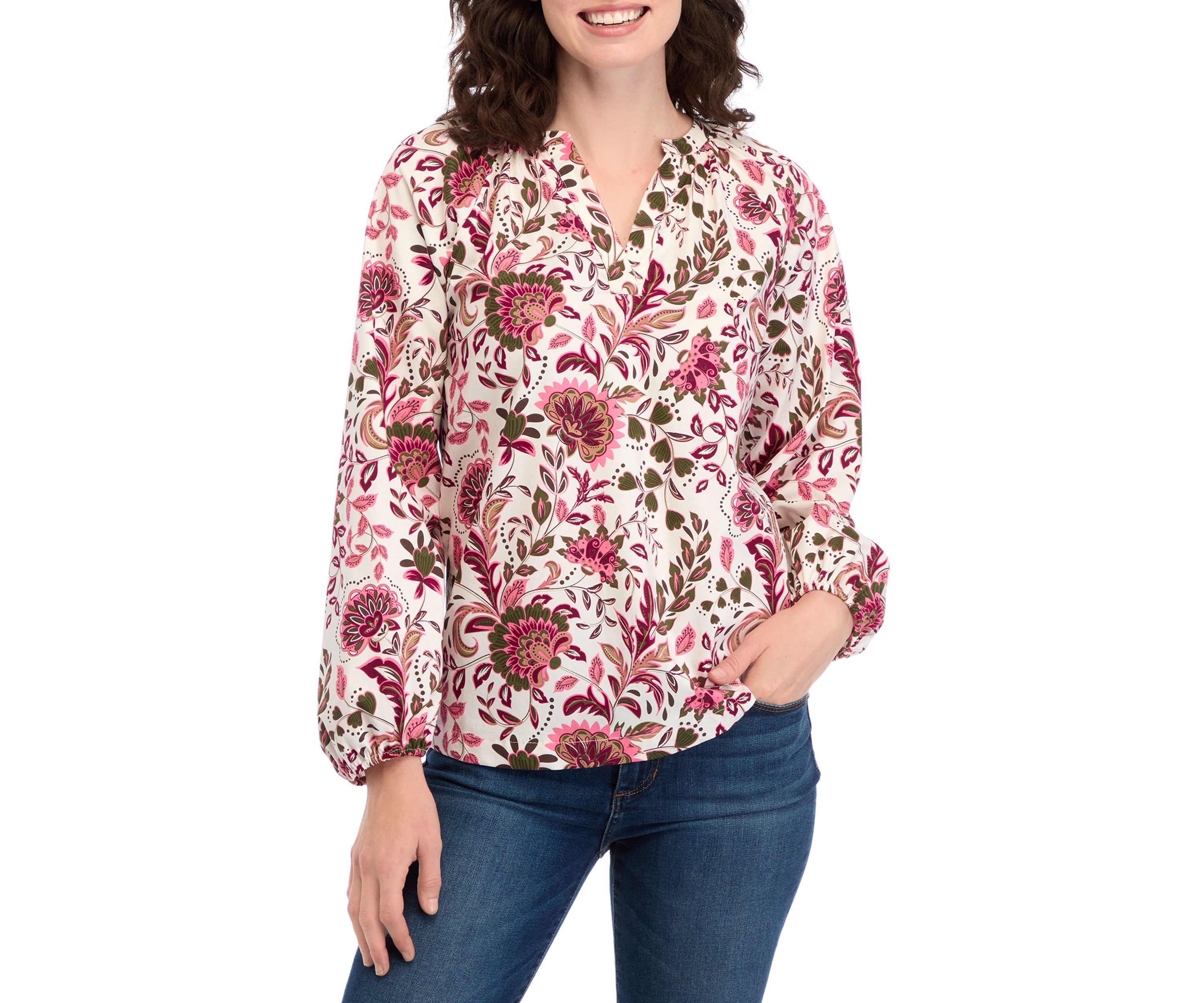 Womens Long Sleeve Printed Peasant Top 