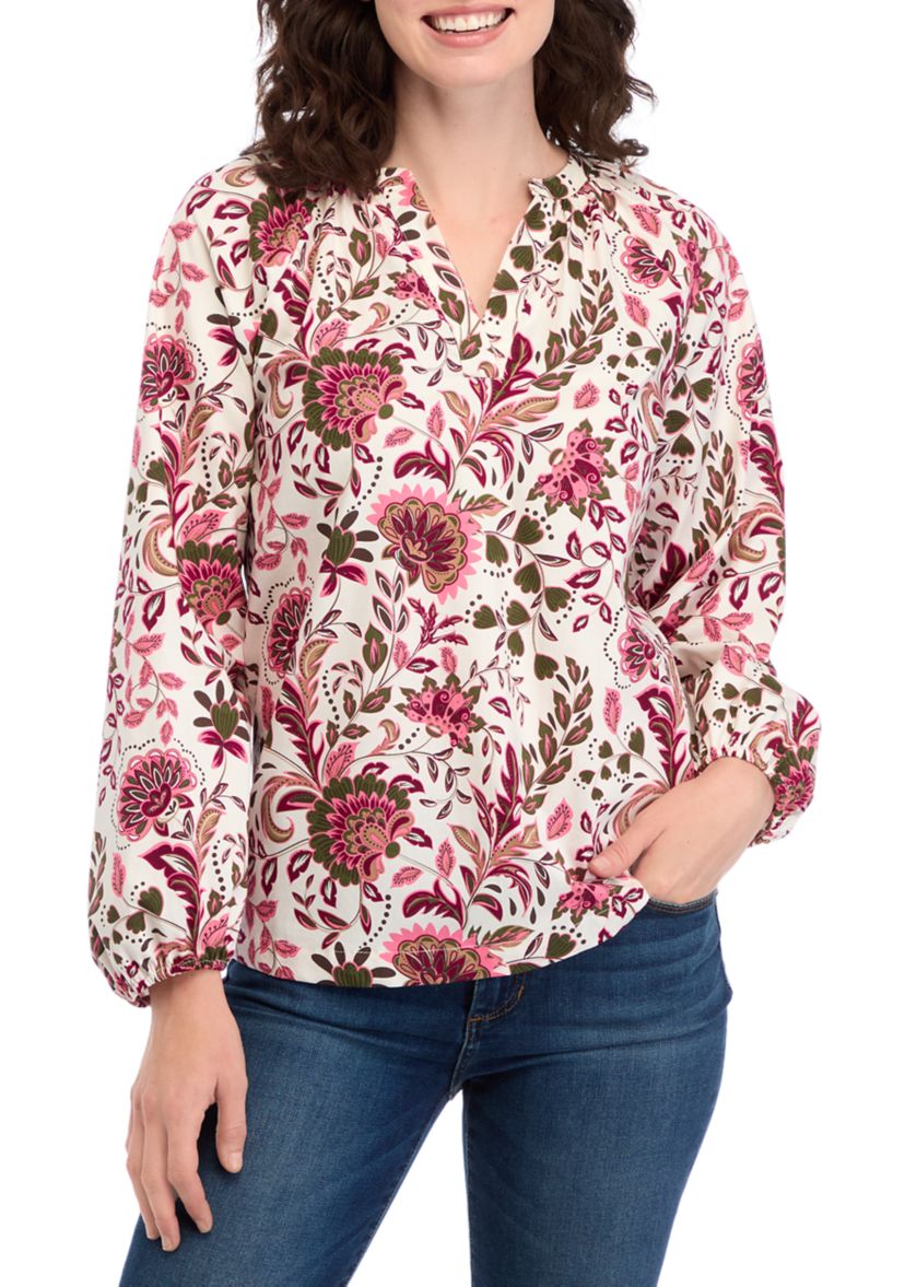 Womens Long Sleeve Printed Peasant Top 