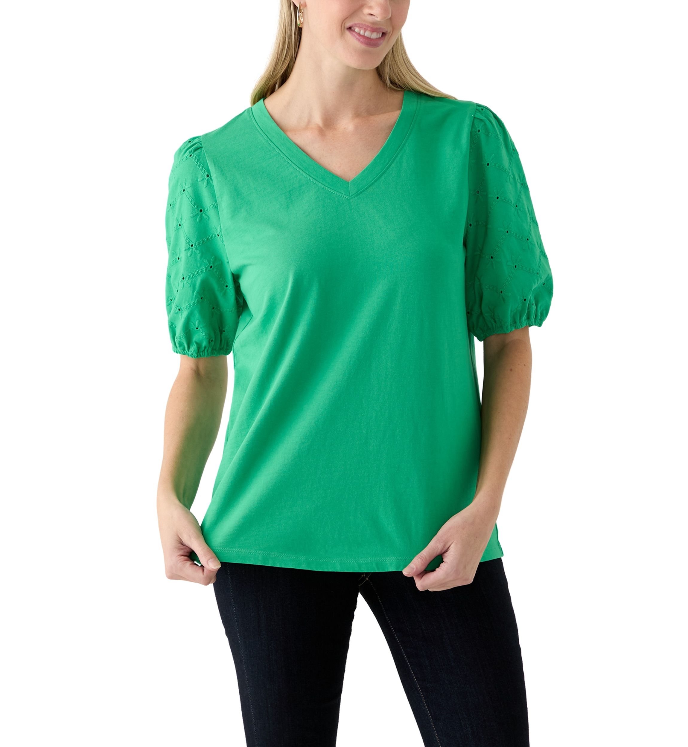 Short Sleeve Eyelet Sleeve V-Neck Top 