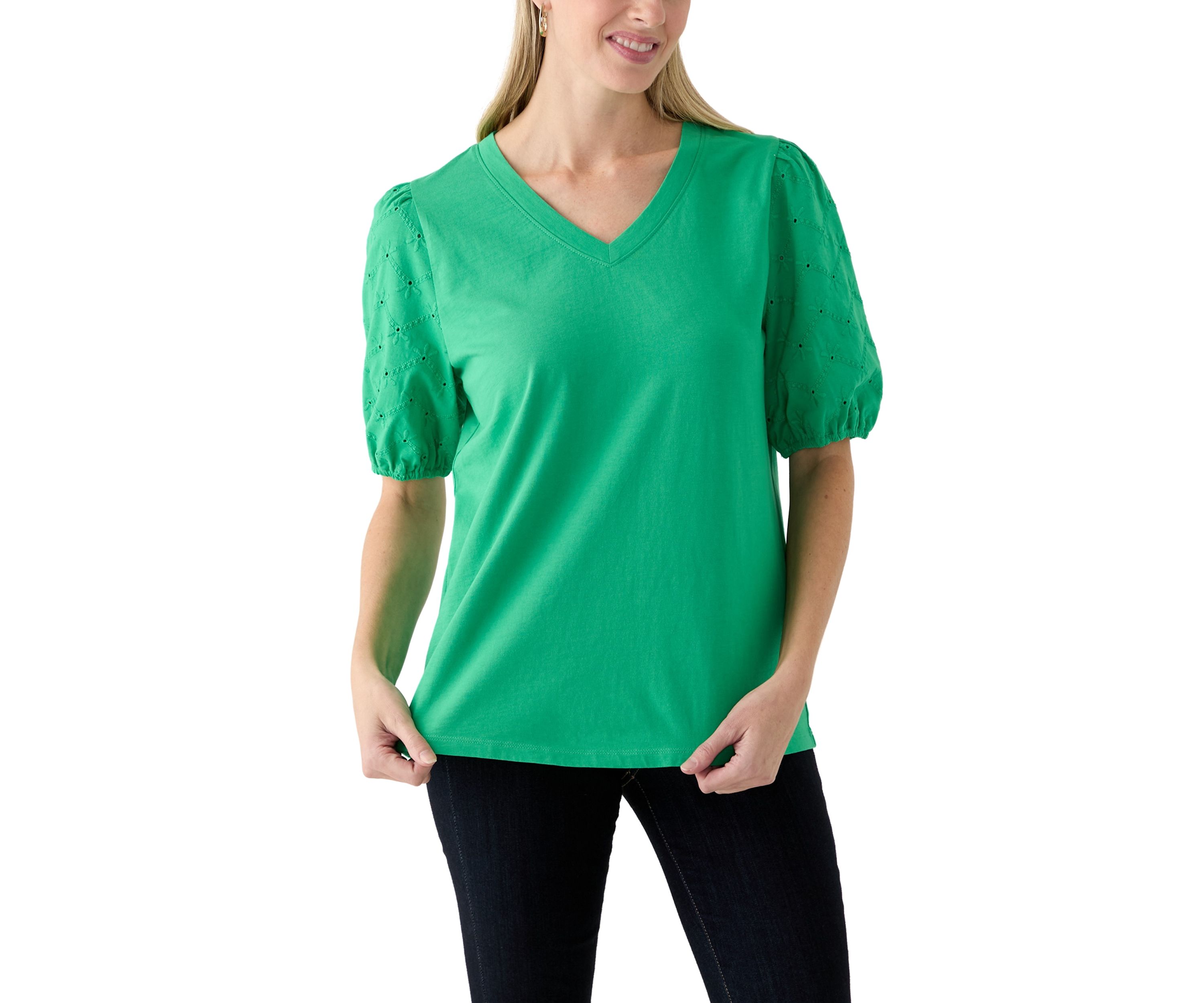 Short Sleeve Eyelet Sleeve V-Neck Top 