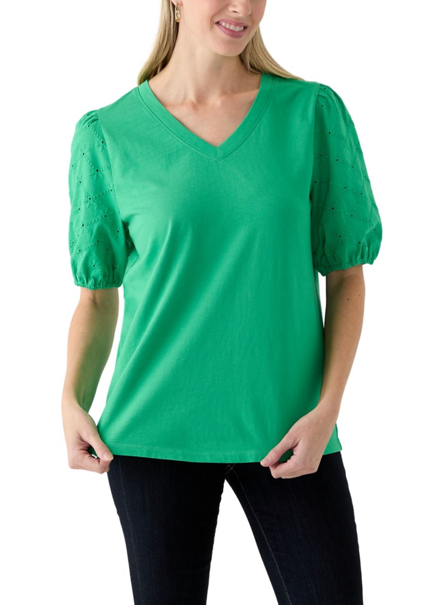 Short Sleeve Eyelet Sleeve V-Neck Top 
