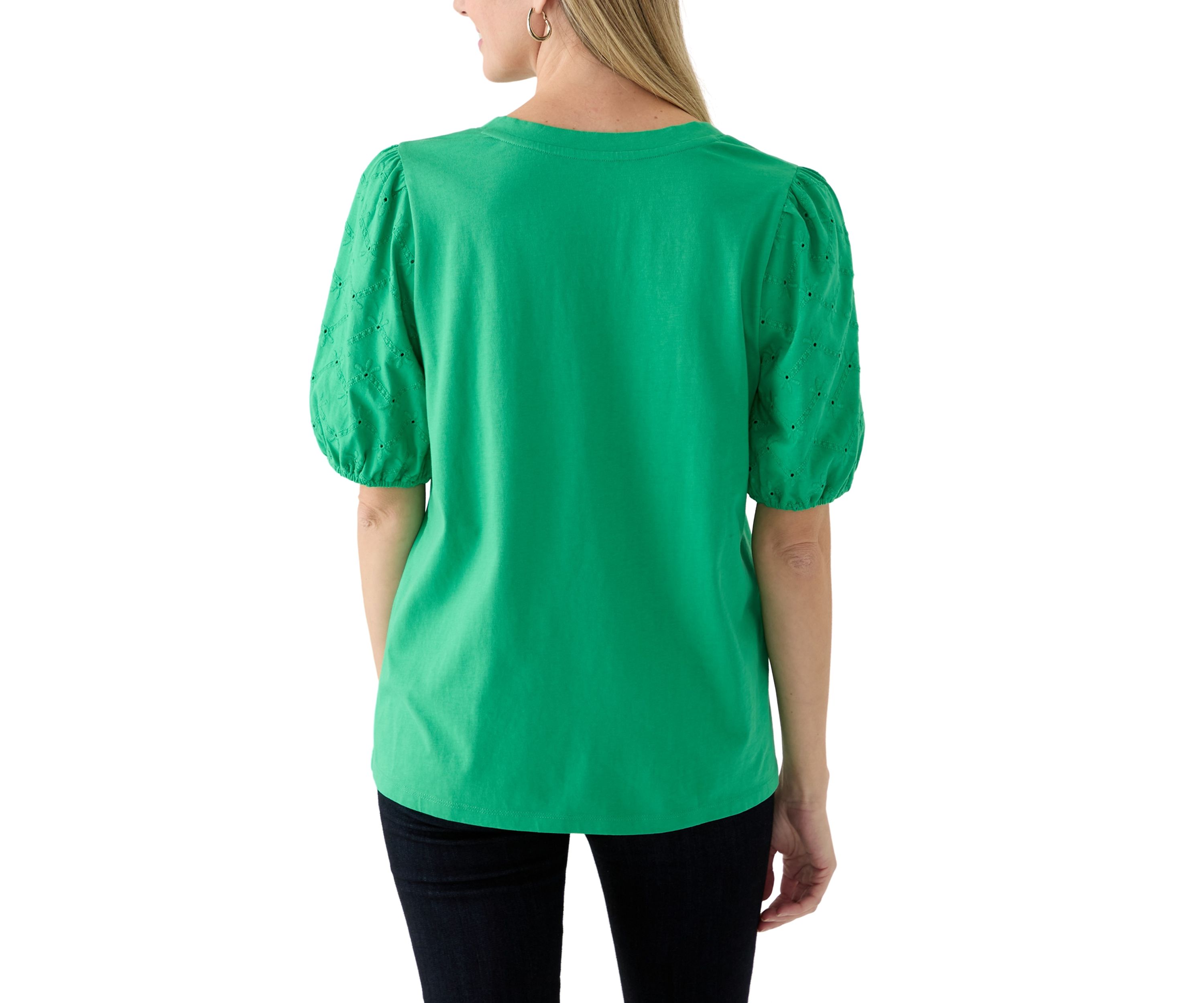 Short Sleeve Eyelet Sleeve V-Neck Top 
