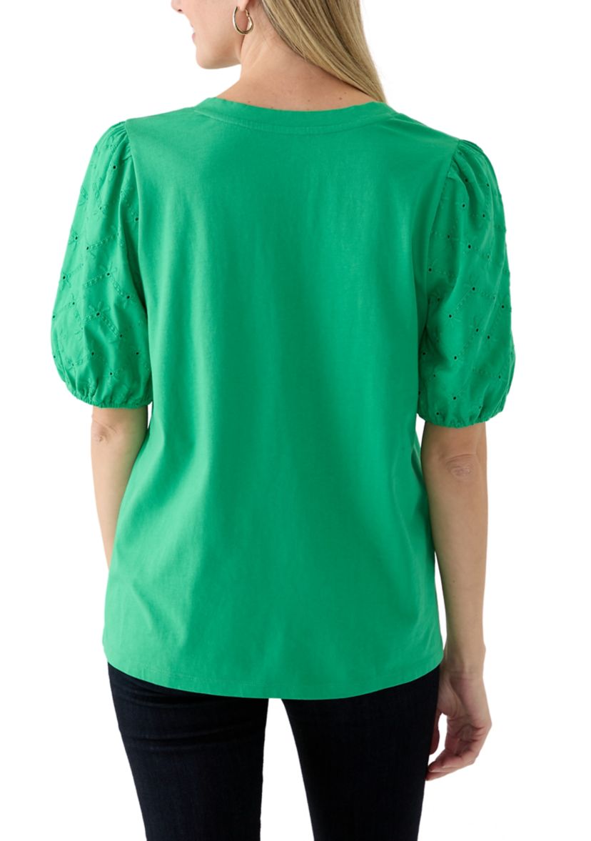 Short Sleeve Eyelet Sleeve V-Neck Top 