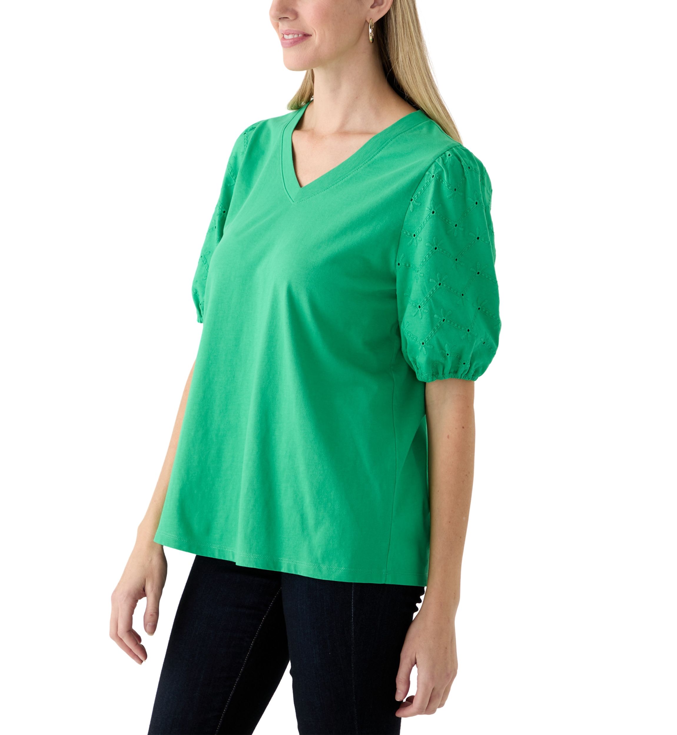 Short Sleeve Eyelet Sleeve V-Neck Top 