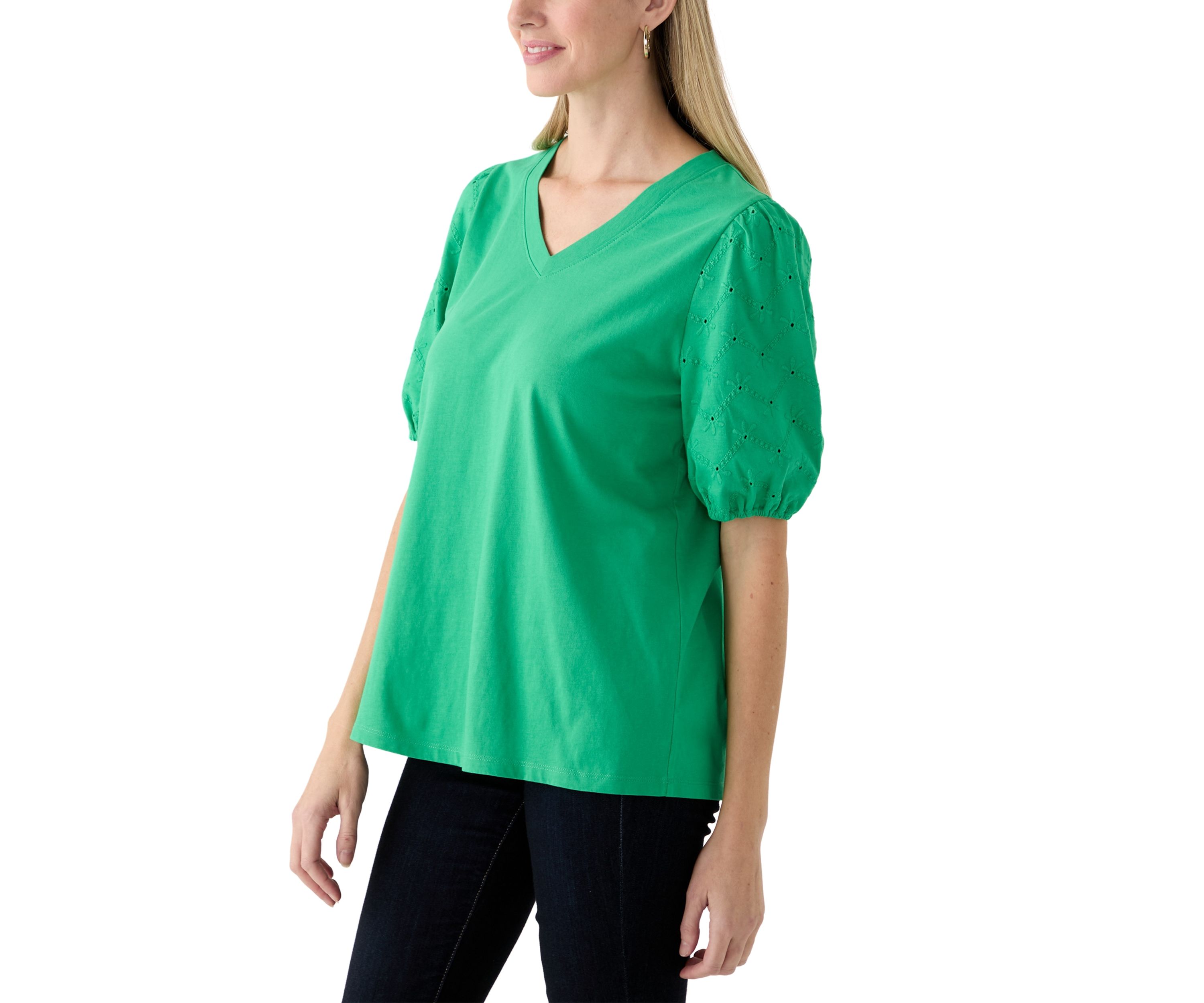 Short Sleeve Eyelet Sleeve V-Neck Top 