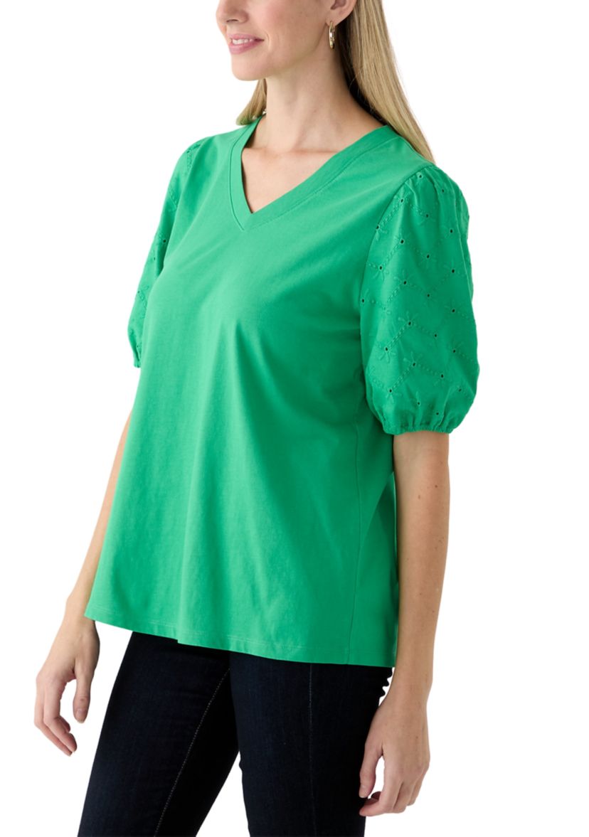 Short Sleeve Eyelet Sleeve V-Neck Top 