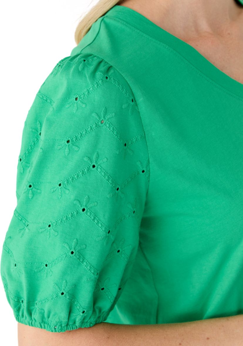 Short Sleeve Eyelet Sleeve V-Neck Top 