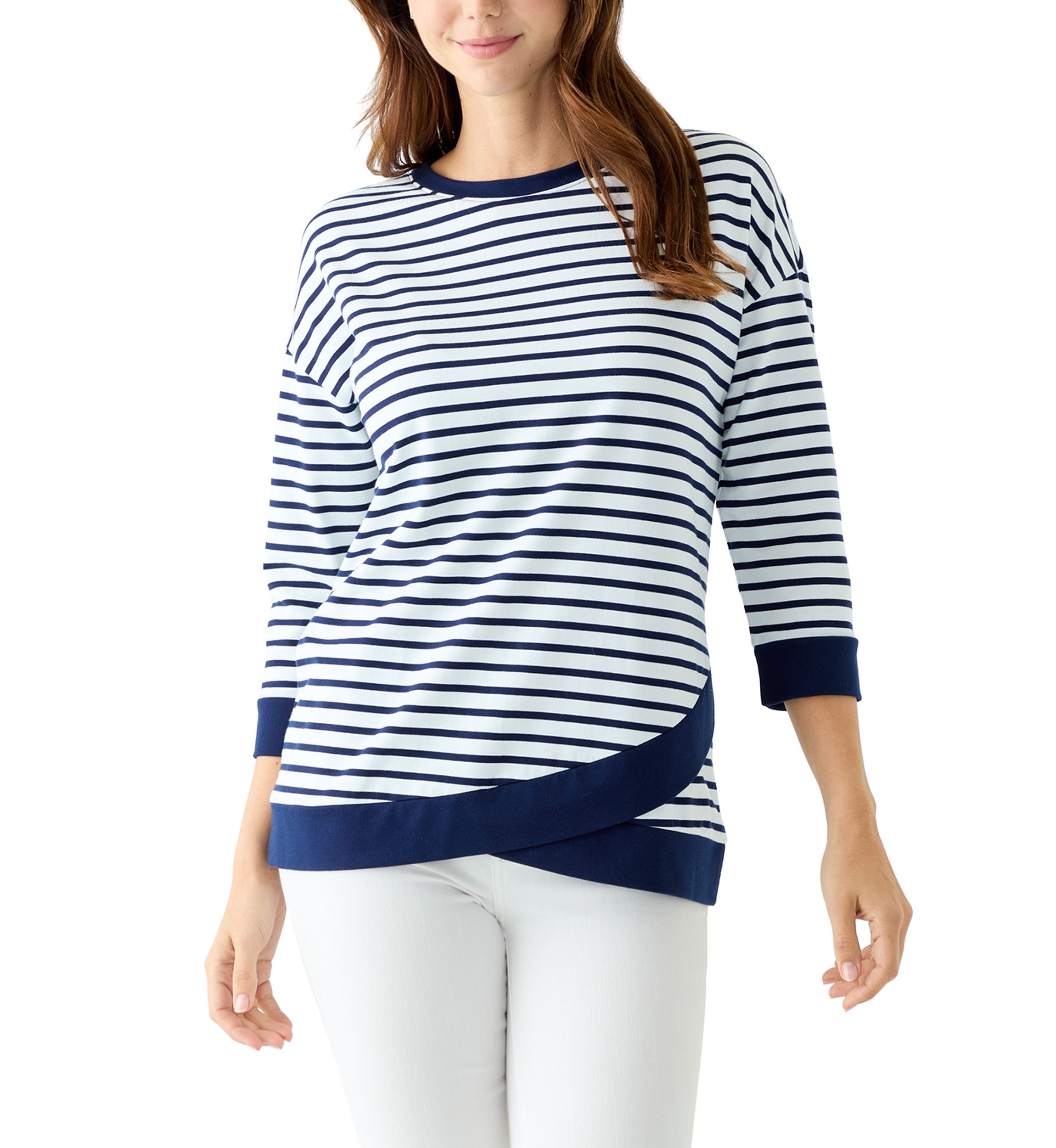 Womens 3/4 Drop Shoulder Striped Knit Top 