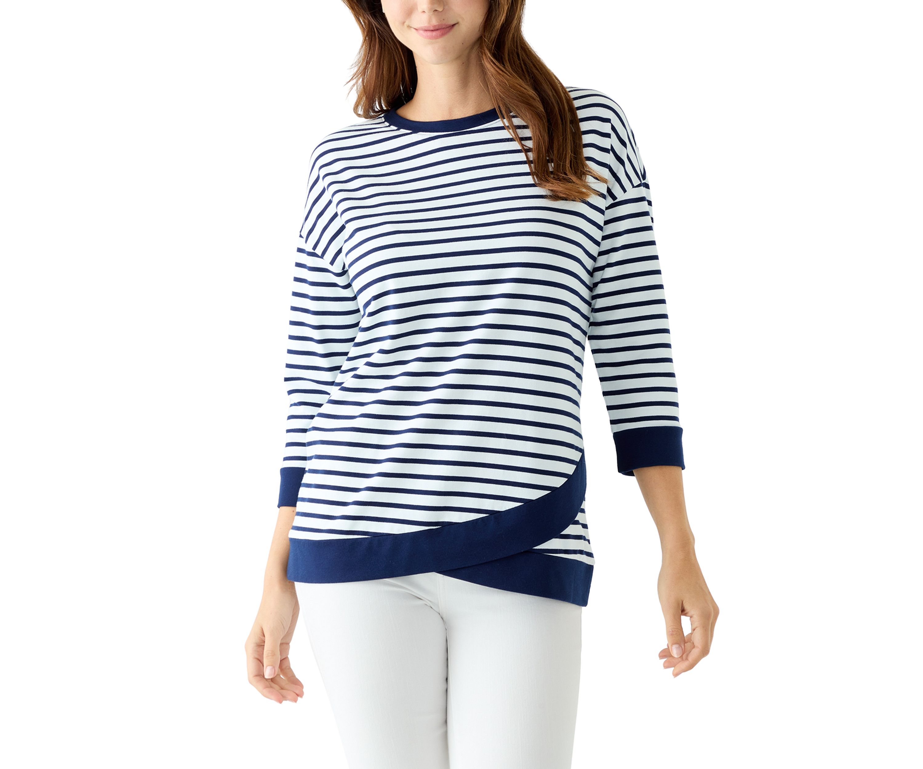 Womens 3/4 Drop Shoulder Striped Knit Top 