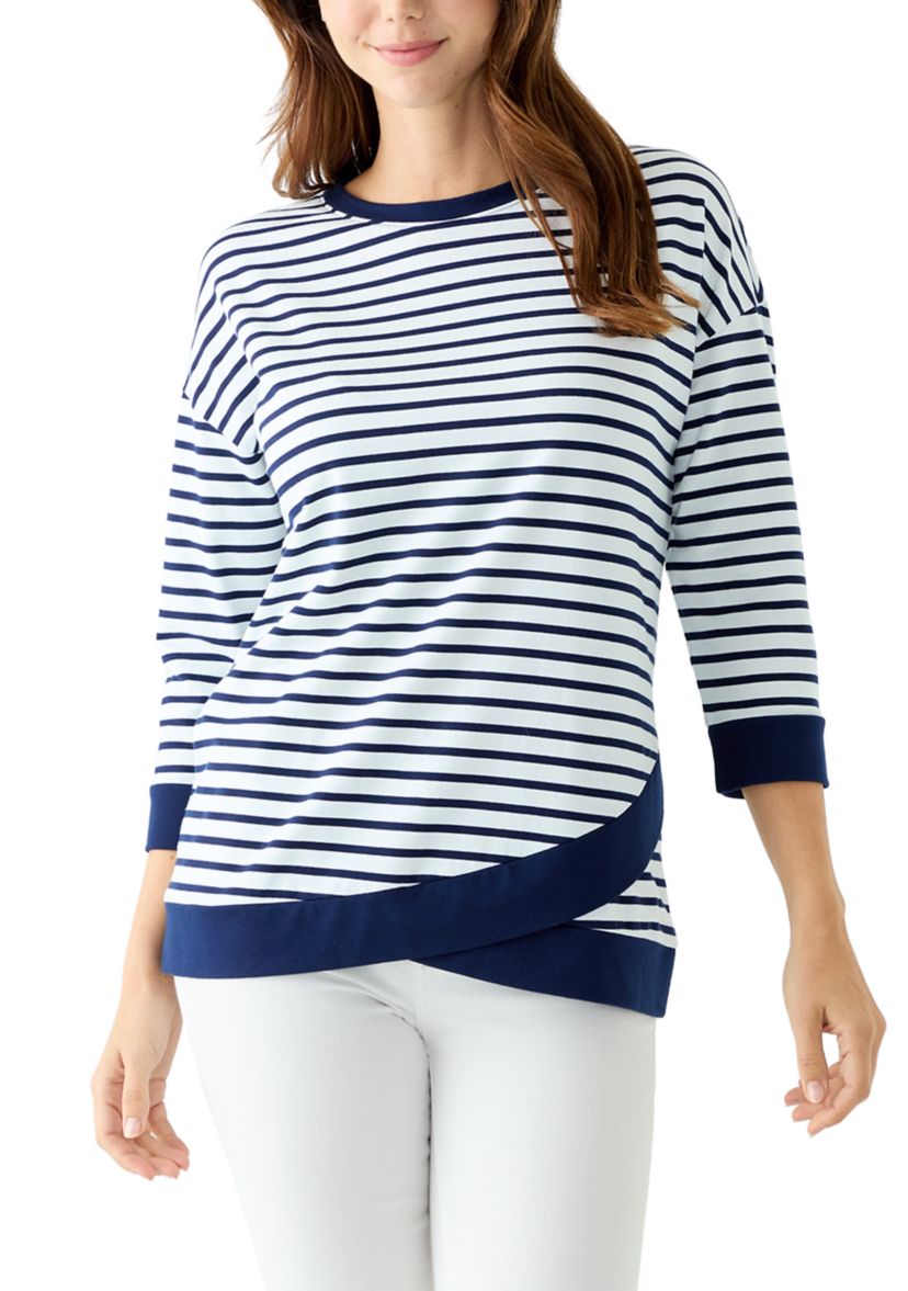 Womens 3/4 Drop Shoulder Striped Knit Top 