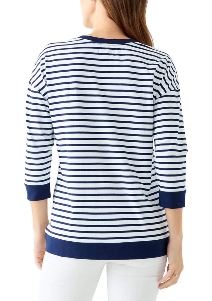 Womens 3/4 Drop Shoulder Striped Knit Top 