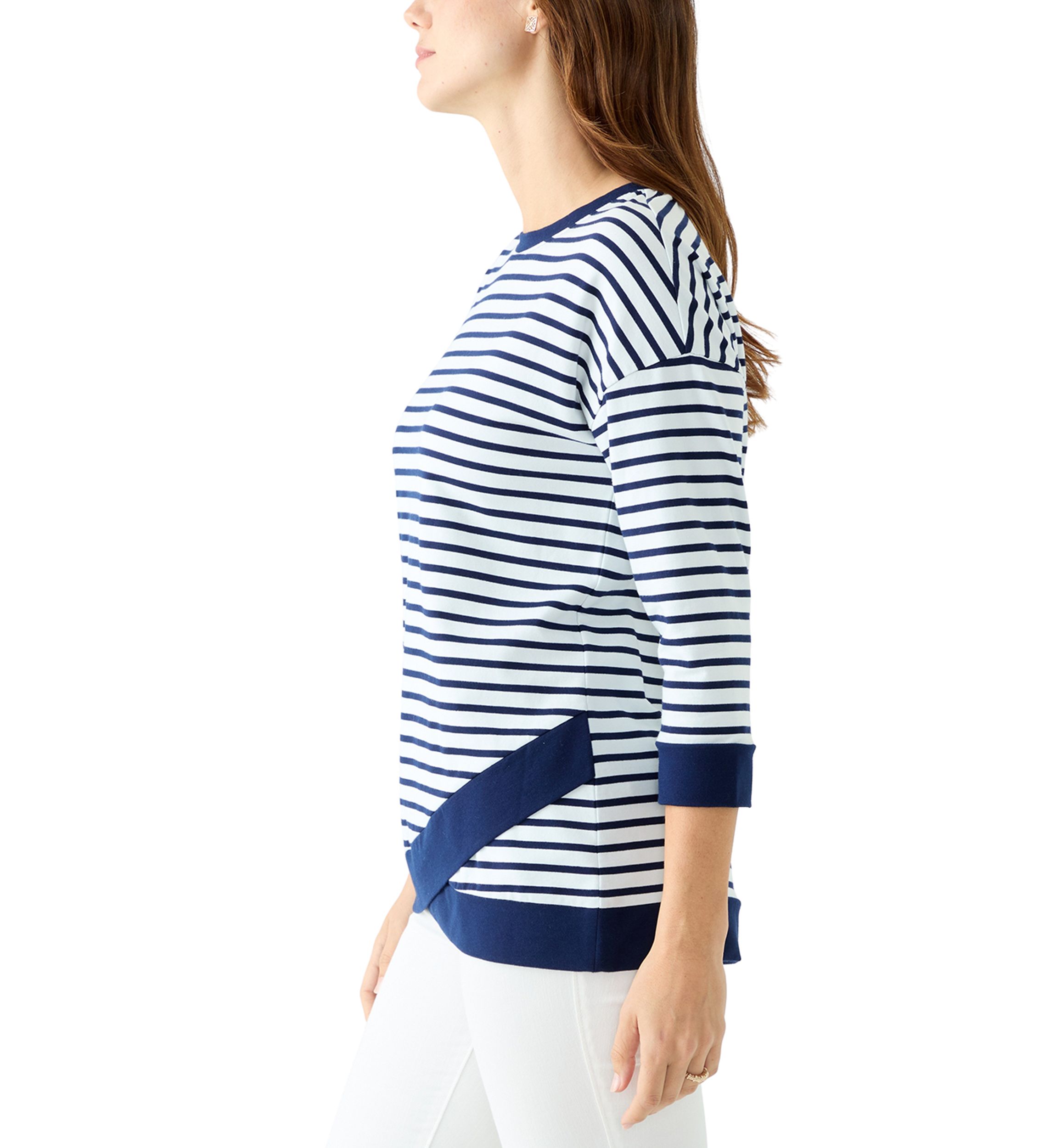 Womens 3/4 Drop Shoulder Striped Knit Top 