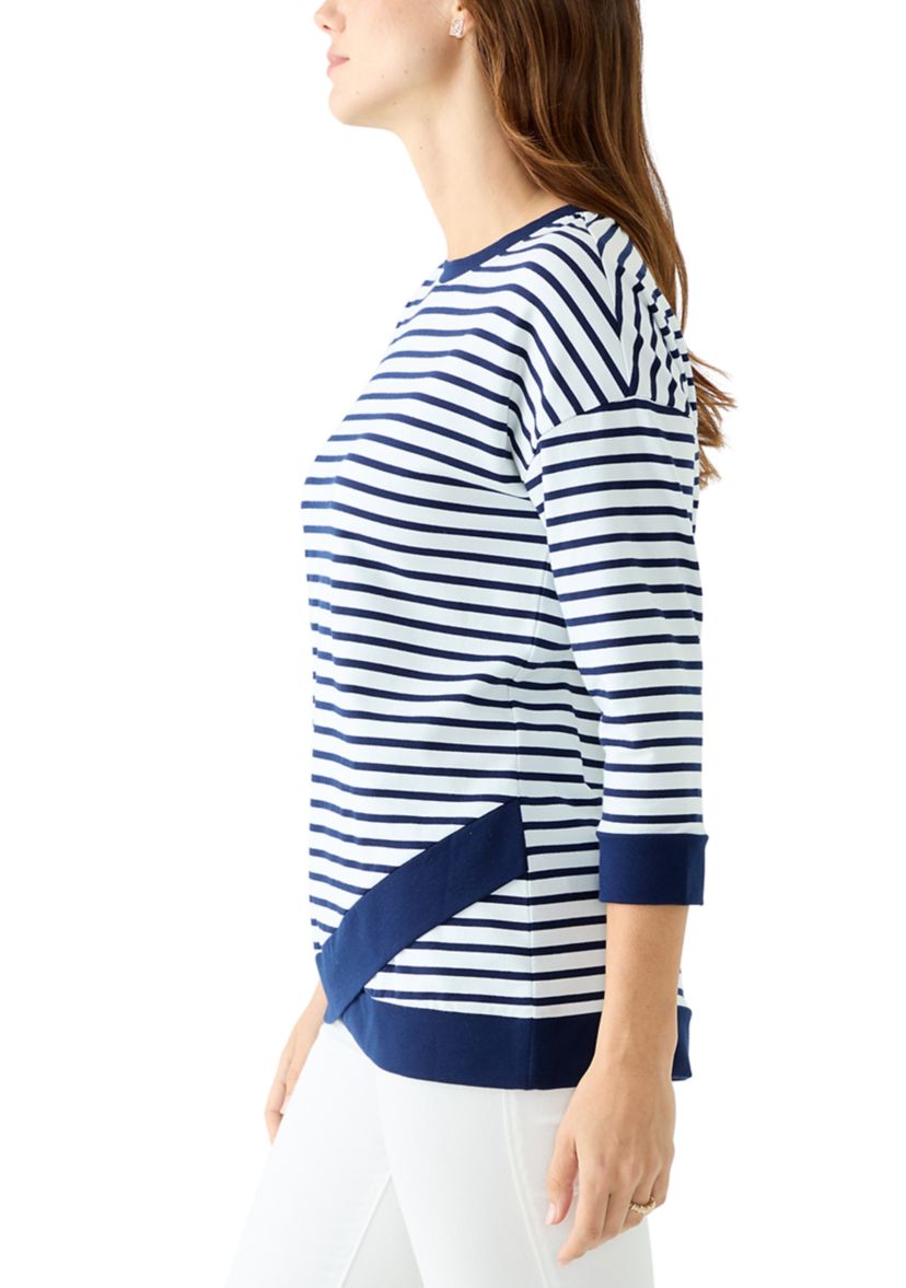 Womens 3/4 Drop Shoulder Striped Knit Top 