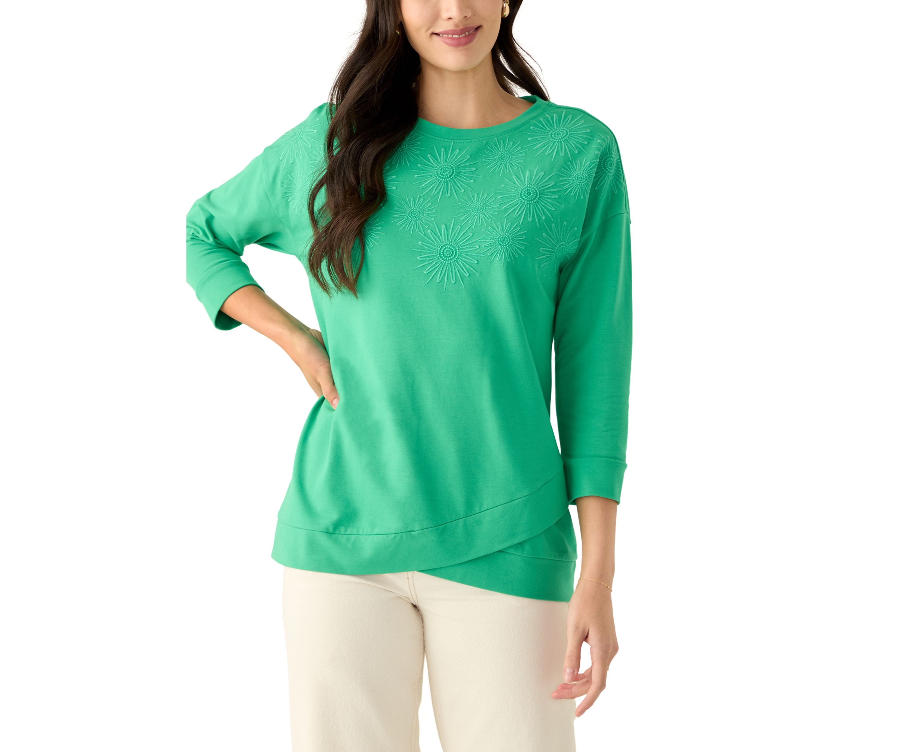 Womens 3/4 Sleeve Knit Terry Top with Embroidery