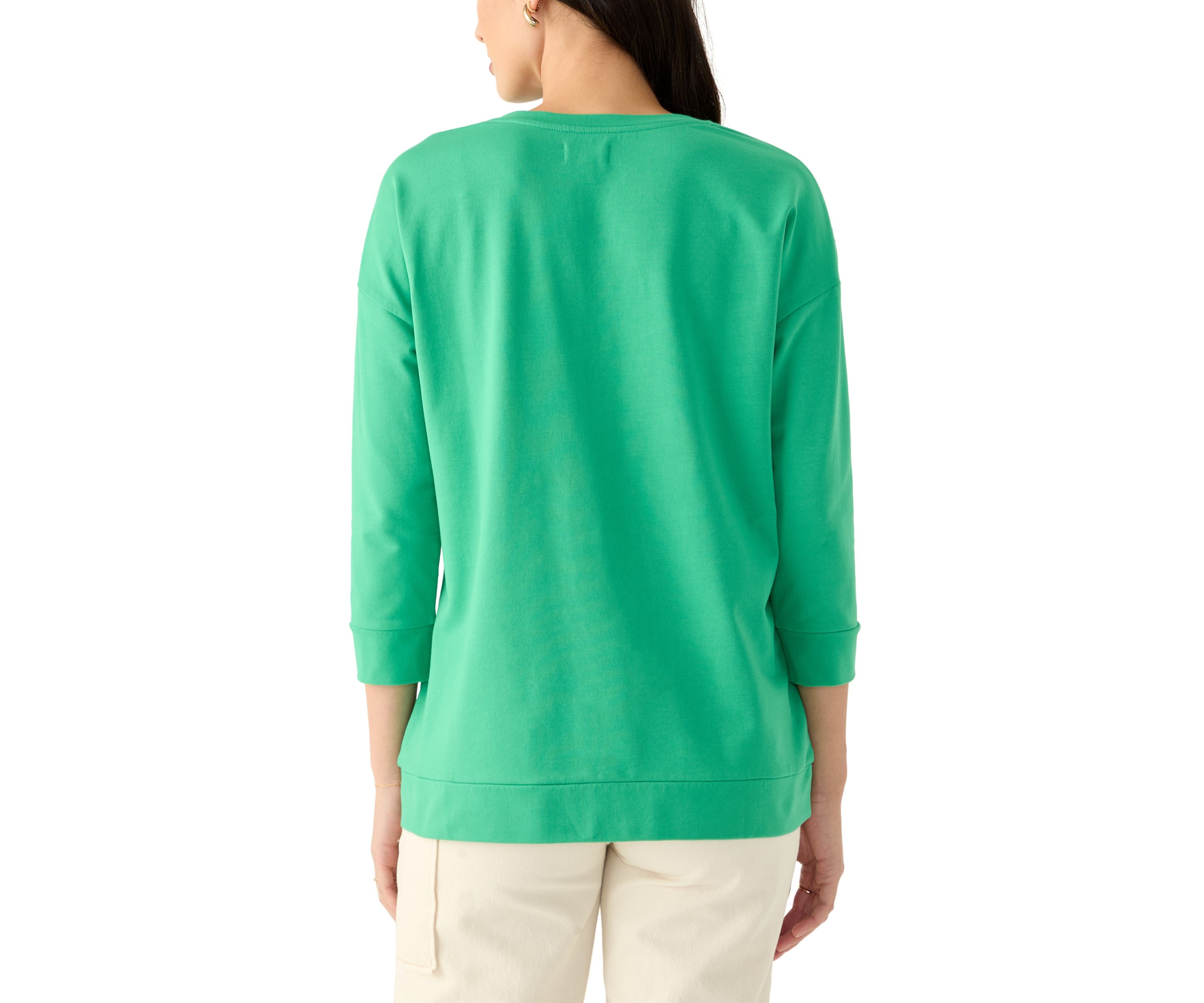 Womens 3/4 Sleeve Knit Terry Top with Embroidery