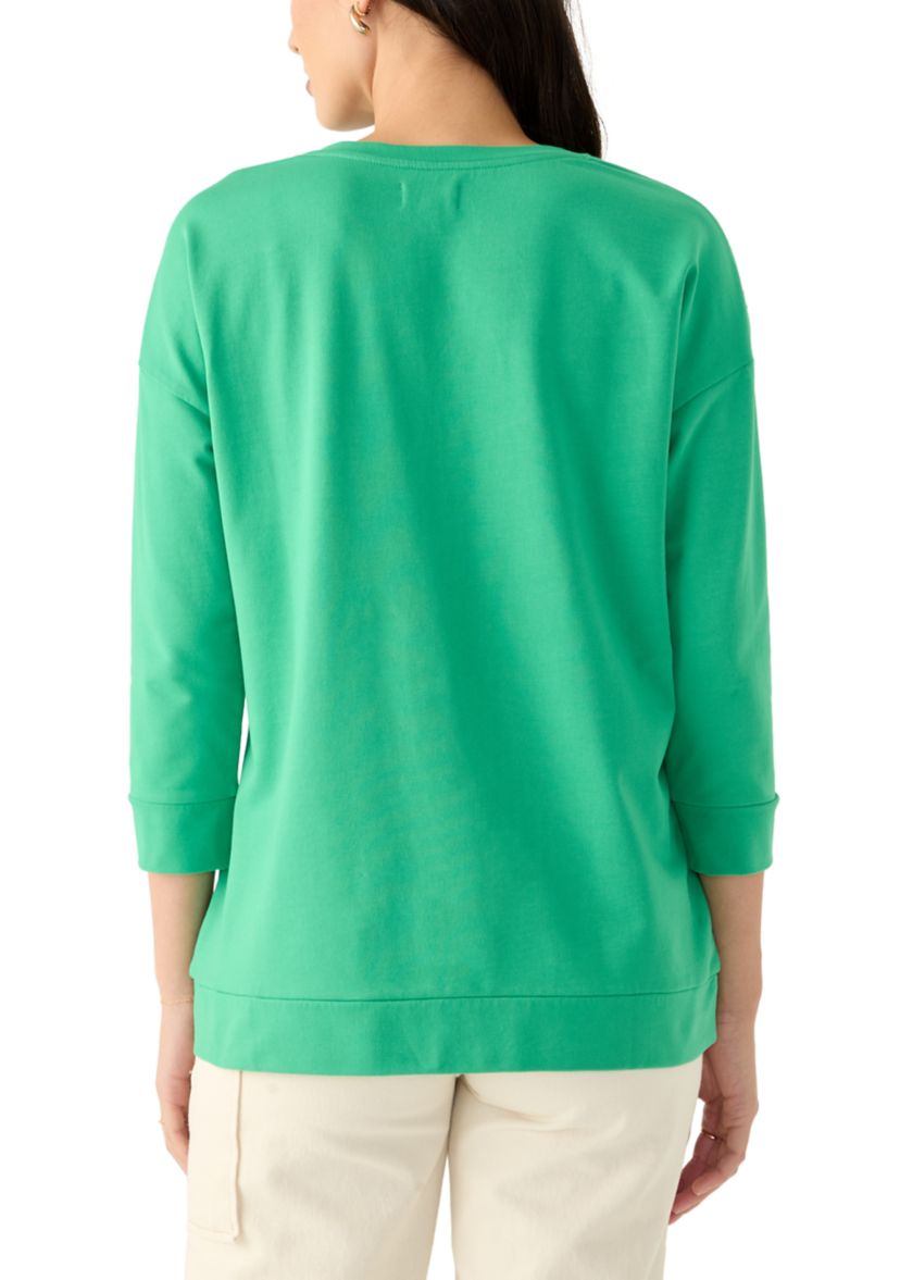 Womens 3/4 Sleeve Knit Terry Top with Embroidery