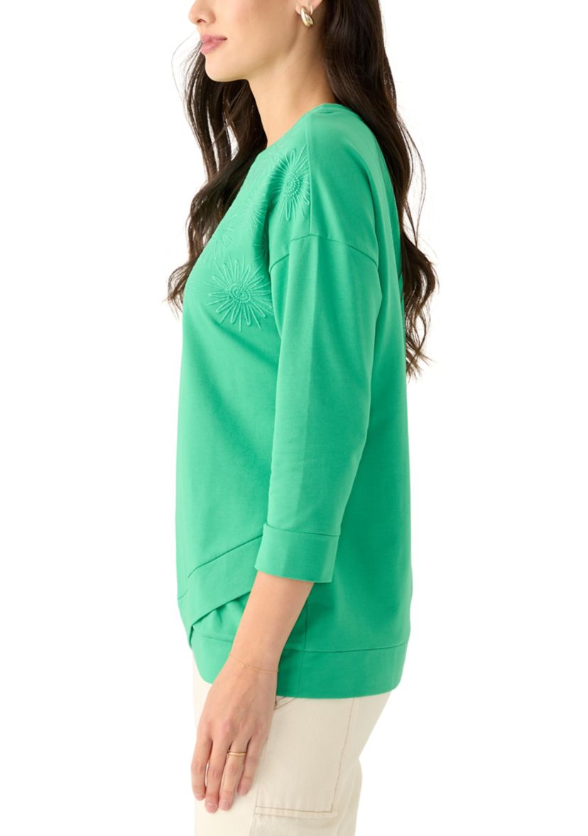 Womens 3/4 Sleeve Knit Terry Top with Embroidery