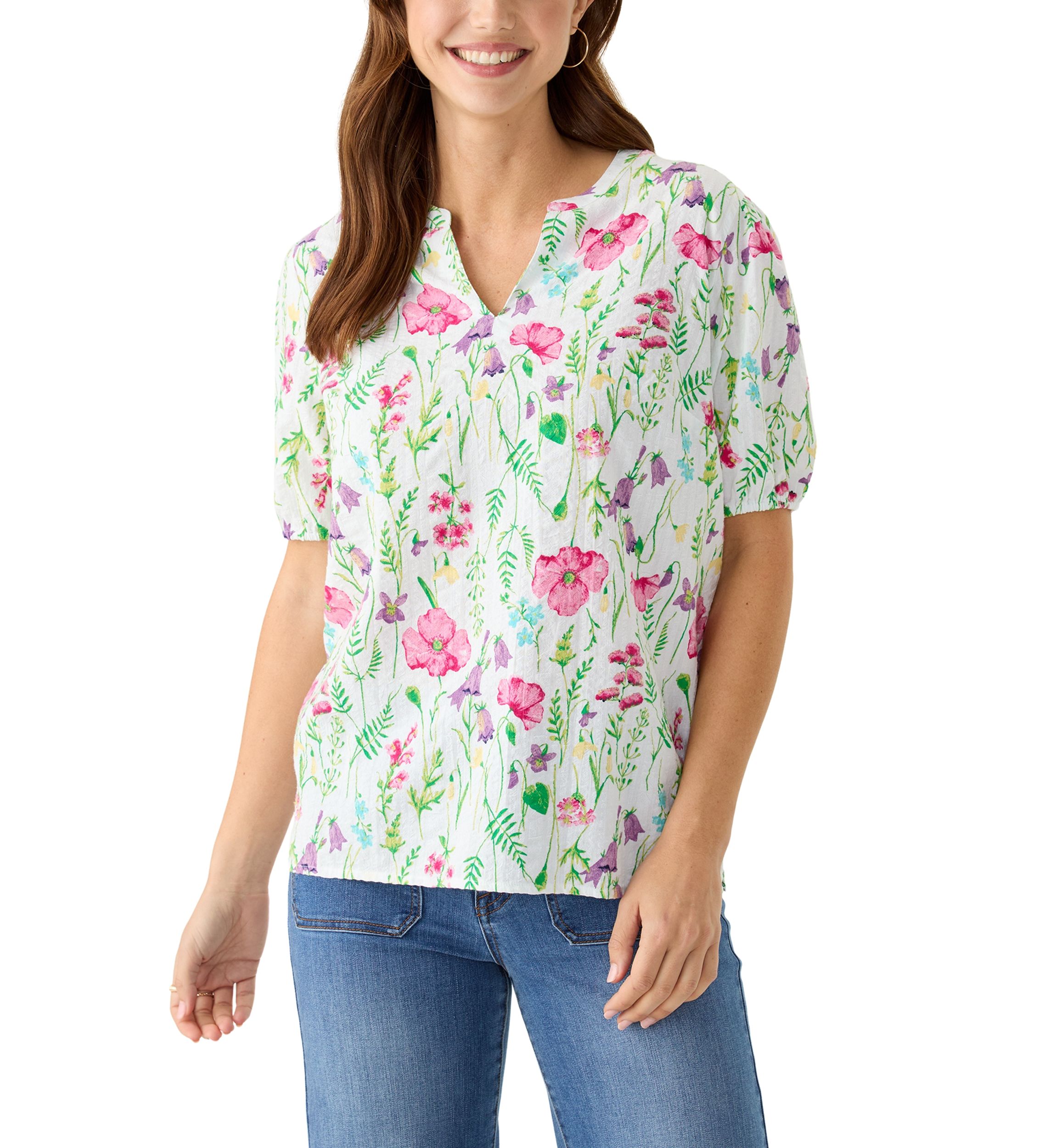 Womens Elbow Sleeve Floral Seersucker Top 