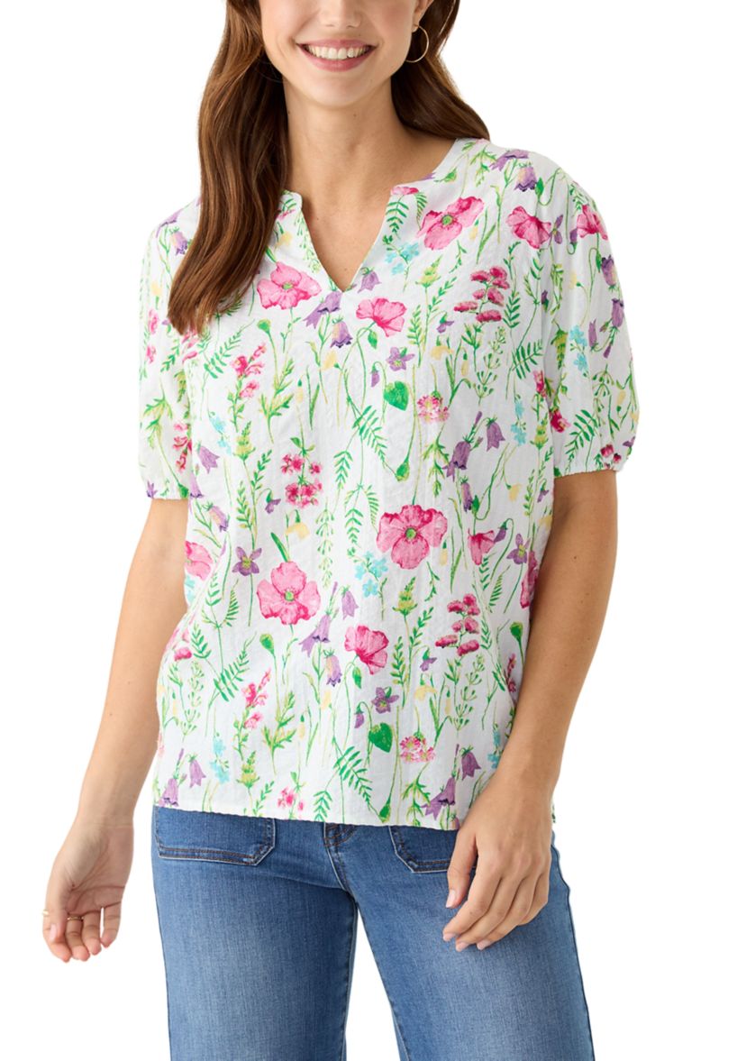 Womens Elbow Sleeve Floral Seersucker Top 