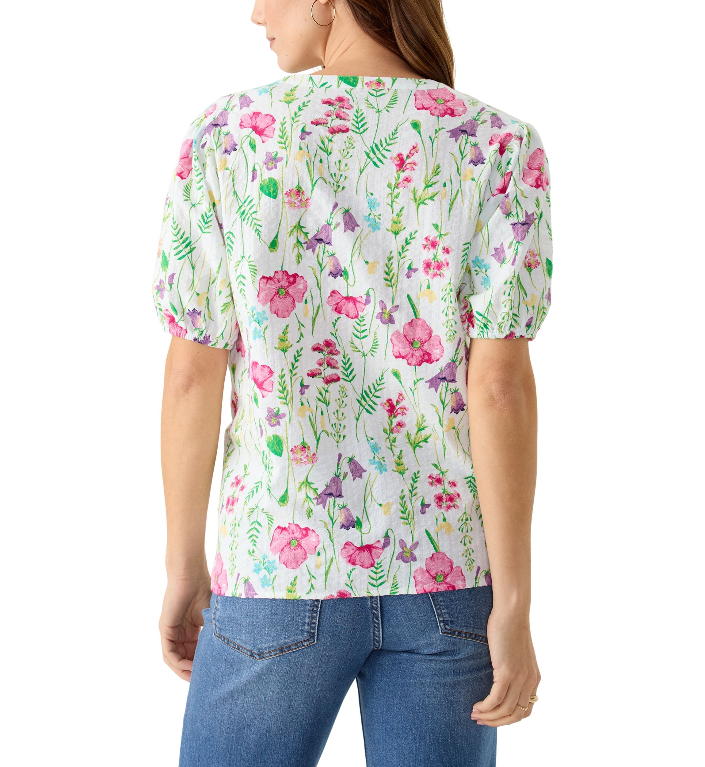 Womens Elbow Sleeve Floral Seersucker Top 