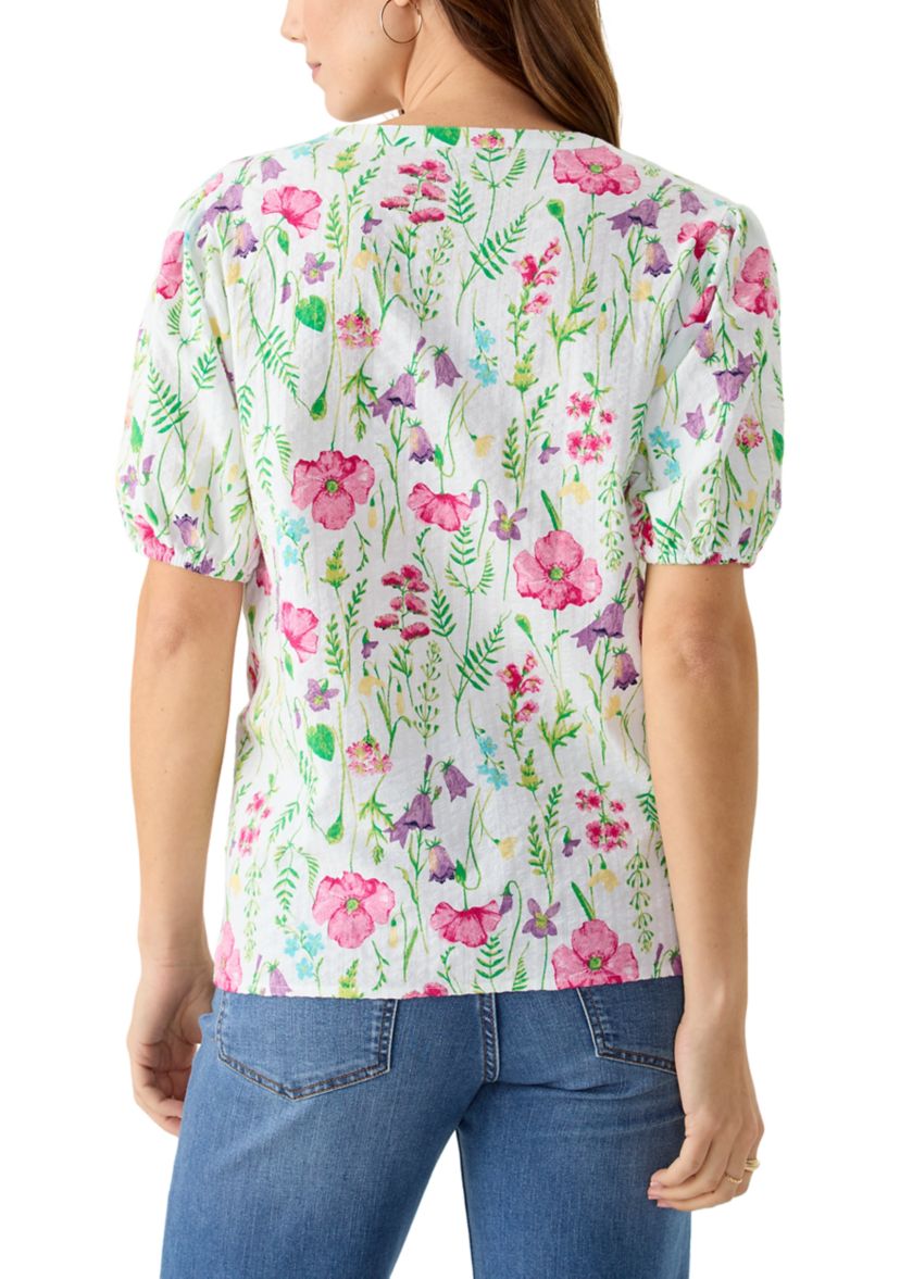 Womens Elbow Sleeve Floral Seersucker Top 