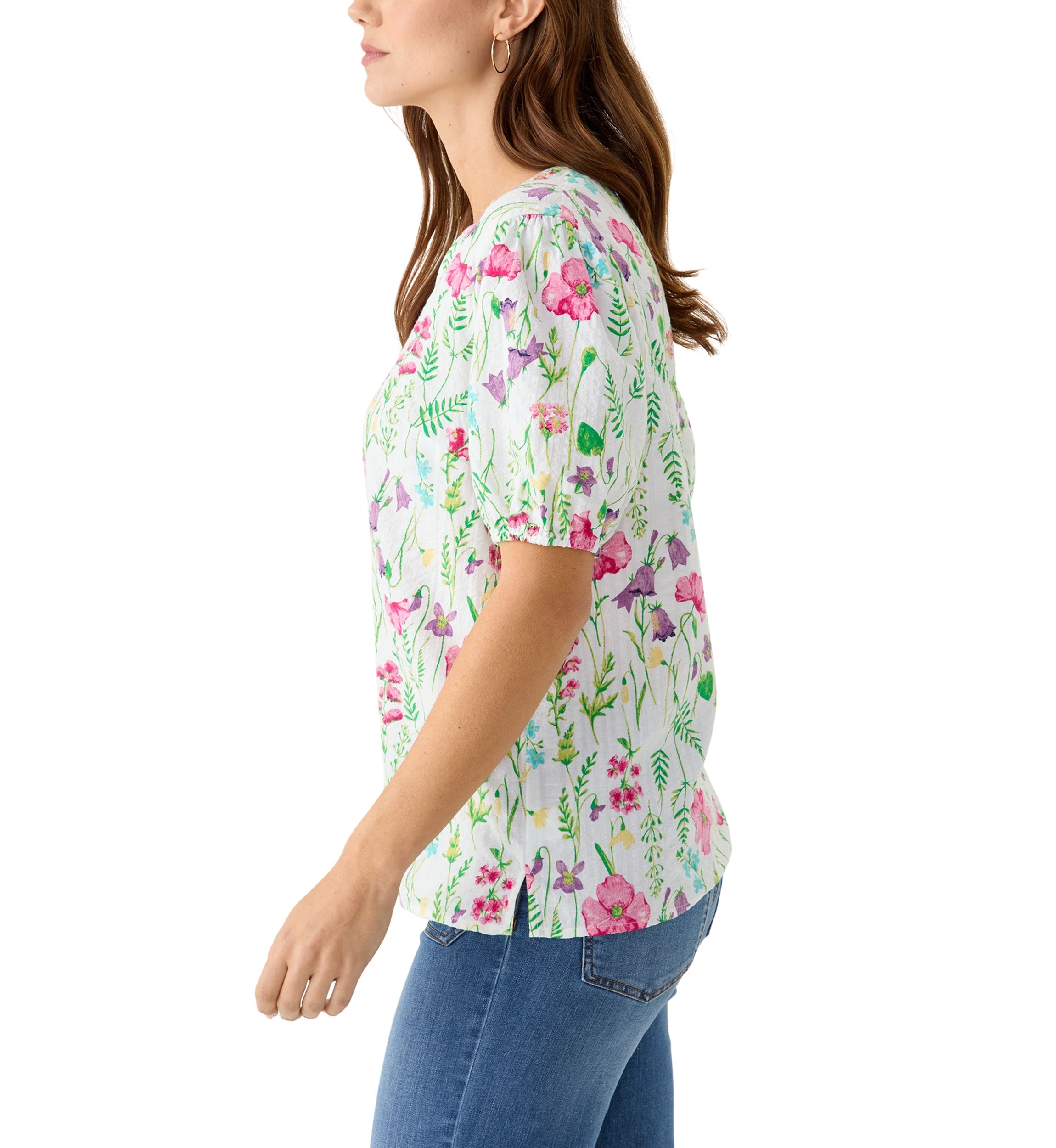 Womens Elbow Sleeve Floral Seersucker Top 