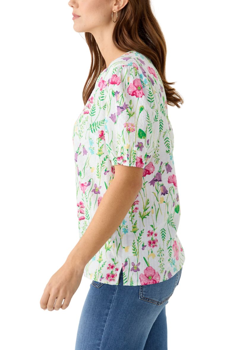 Womens Elbow Sleeve Floral Seersucker Top 