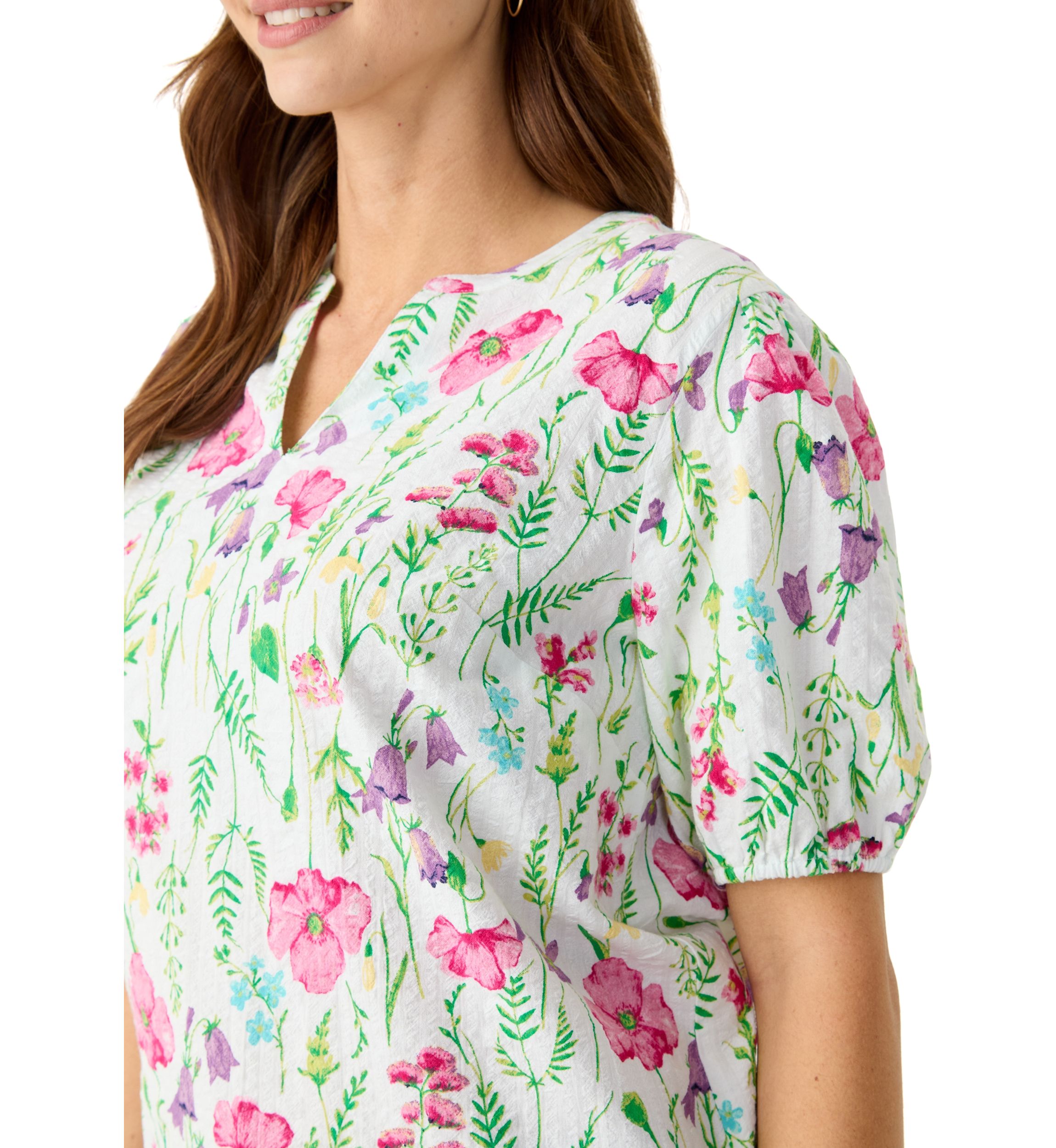 Womens Elbow Sleeve Floral Seersucker Top 