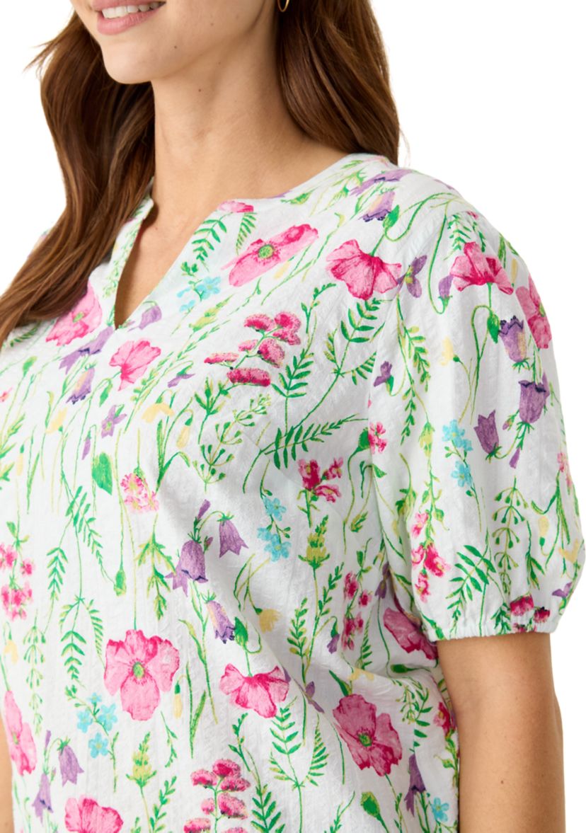 Womens Elbow Sleeve Floral Seersucker Top 