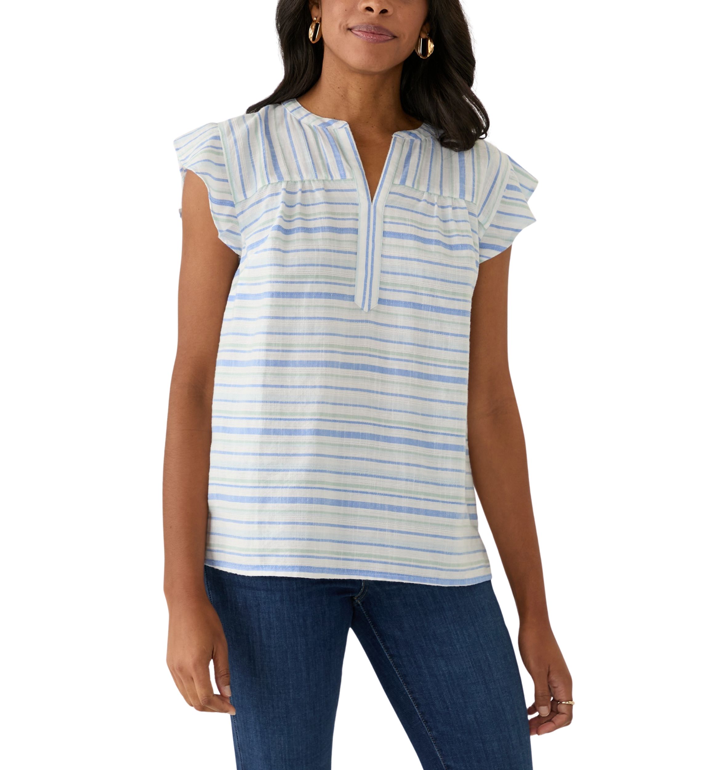 Womens Flutter Sleeve Split Neck Top 