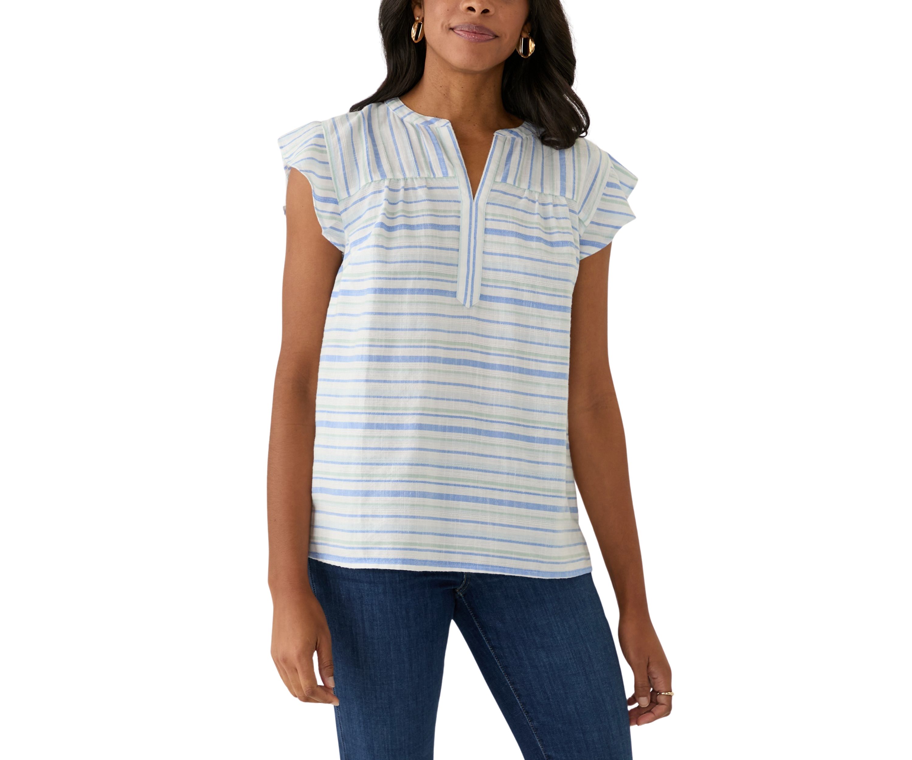 Womens Flutter Sleeve Split Neck Top 