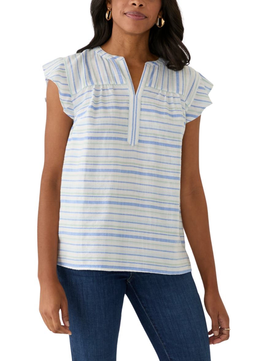 Womens Flutter Sleeve Split Neck Top 