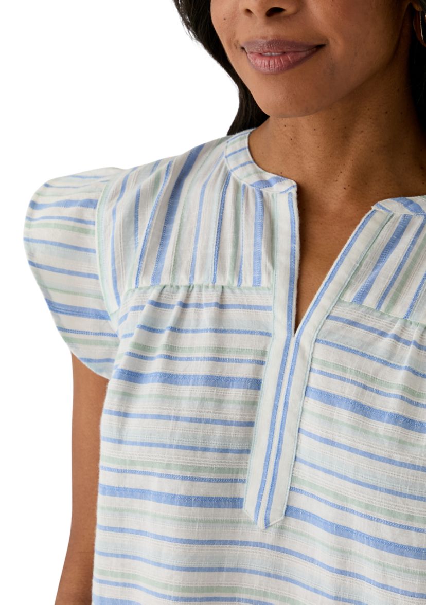 Womens Flutter Sleeve Split Neck Top 
