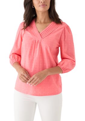 Kim Rogers Women's 3/4 Sleeve V-neck Solid Textured Top, Coral, XXL