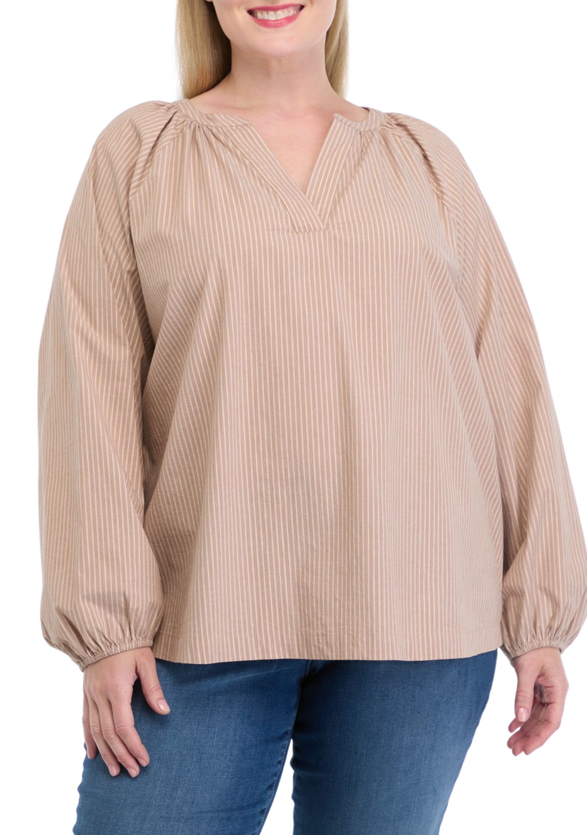 Plus Size Long Sleeve Lurex Yarn Dyed Peasant Top