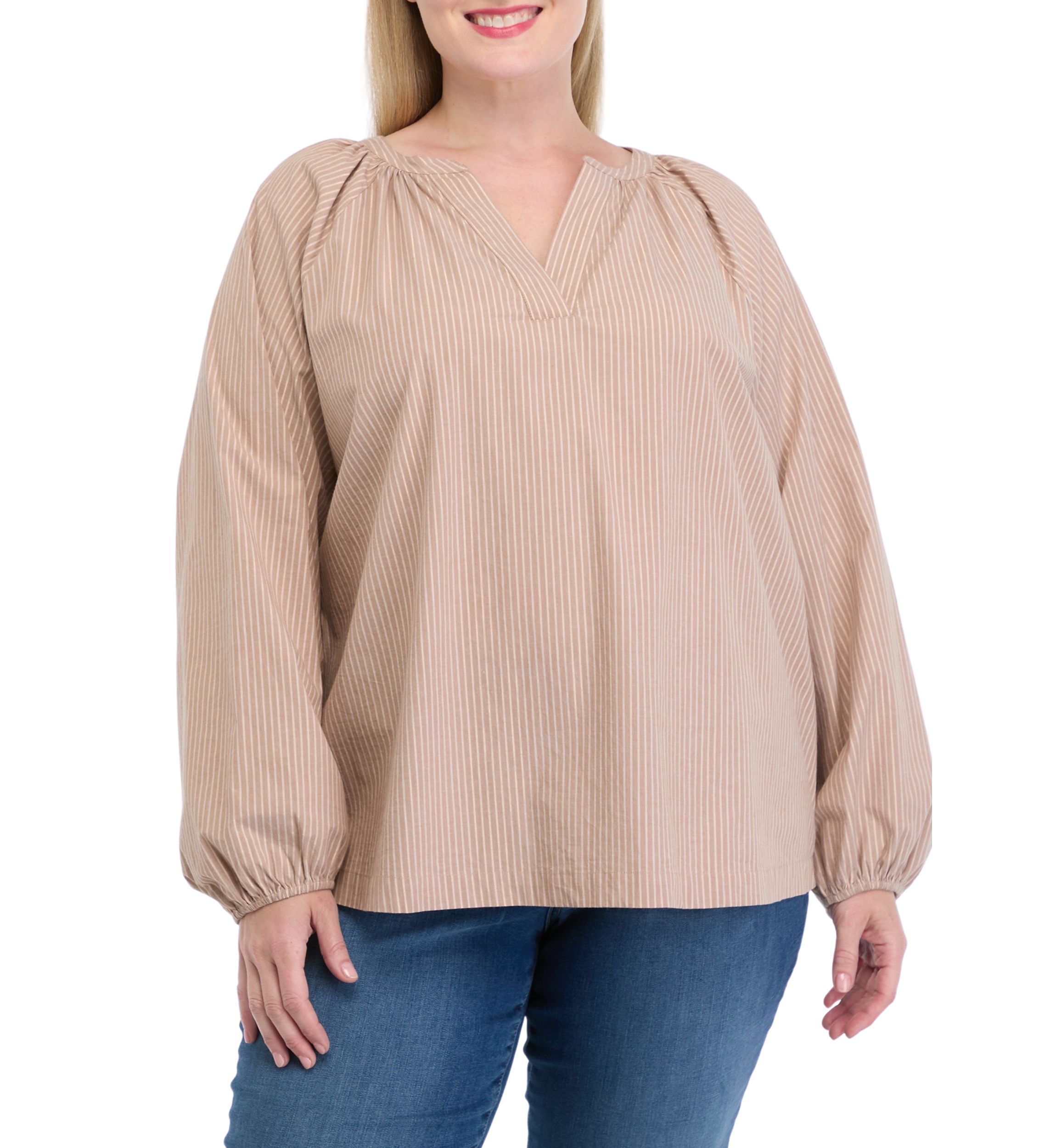 Plus Size Long Sleeve Lurex Yarn Dyed Peasant Top