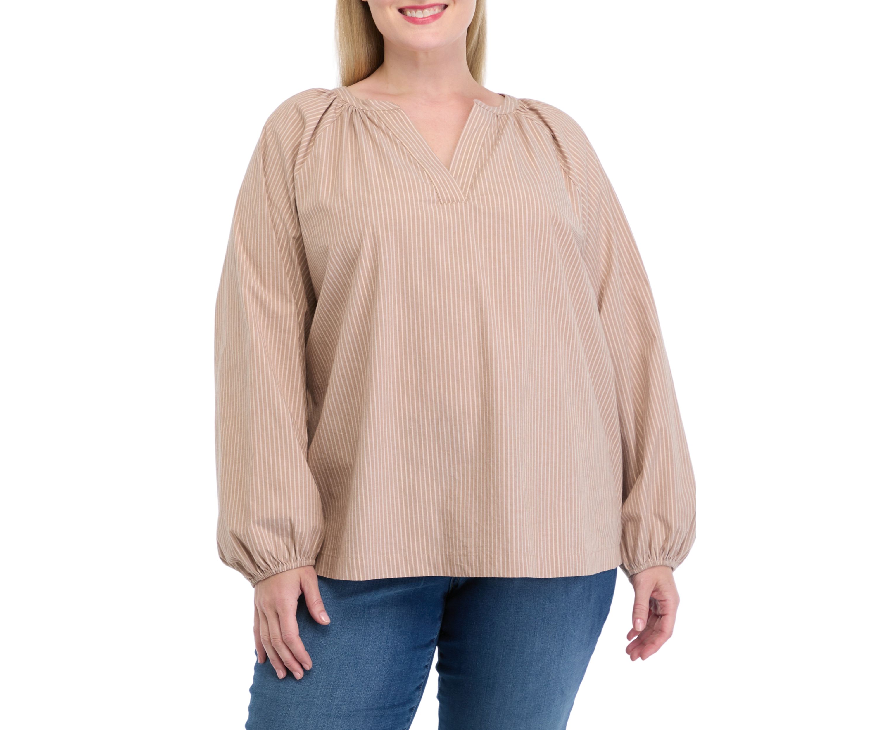 Plus Size Long Sleeve Lurex Yarn Dyed Peasant Top