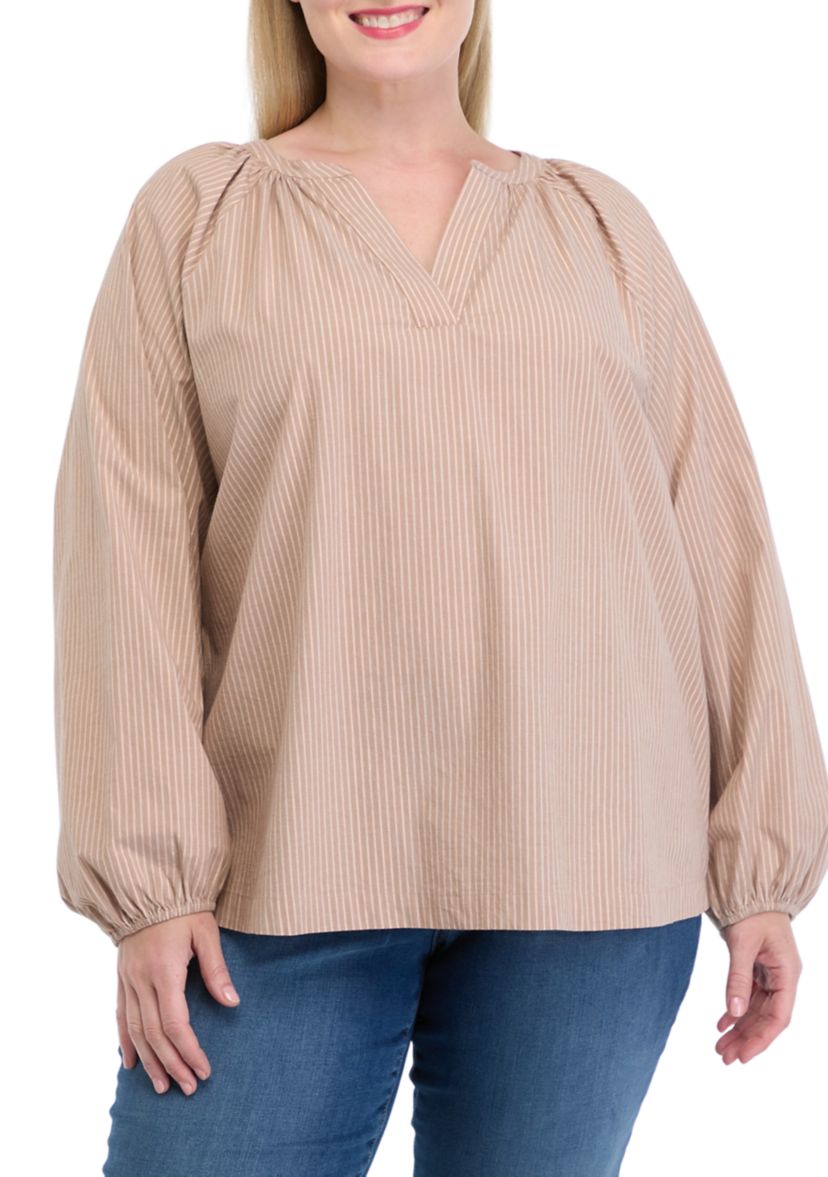 Plus Size Long Sleeve Lurex Yarn Dyed Peasant Top