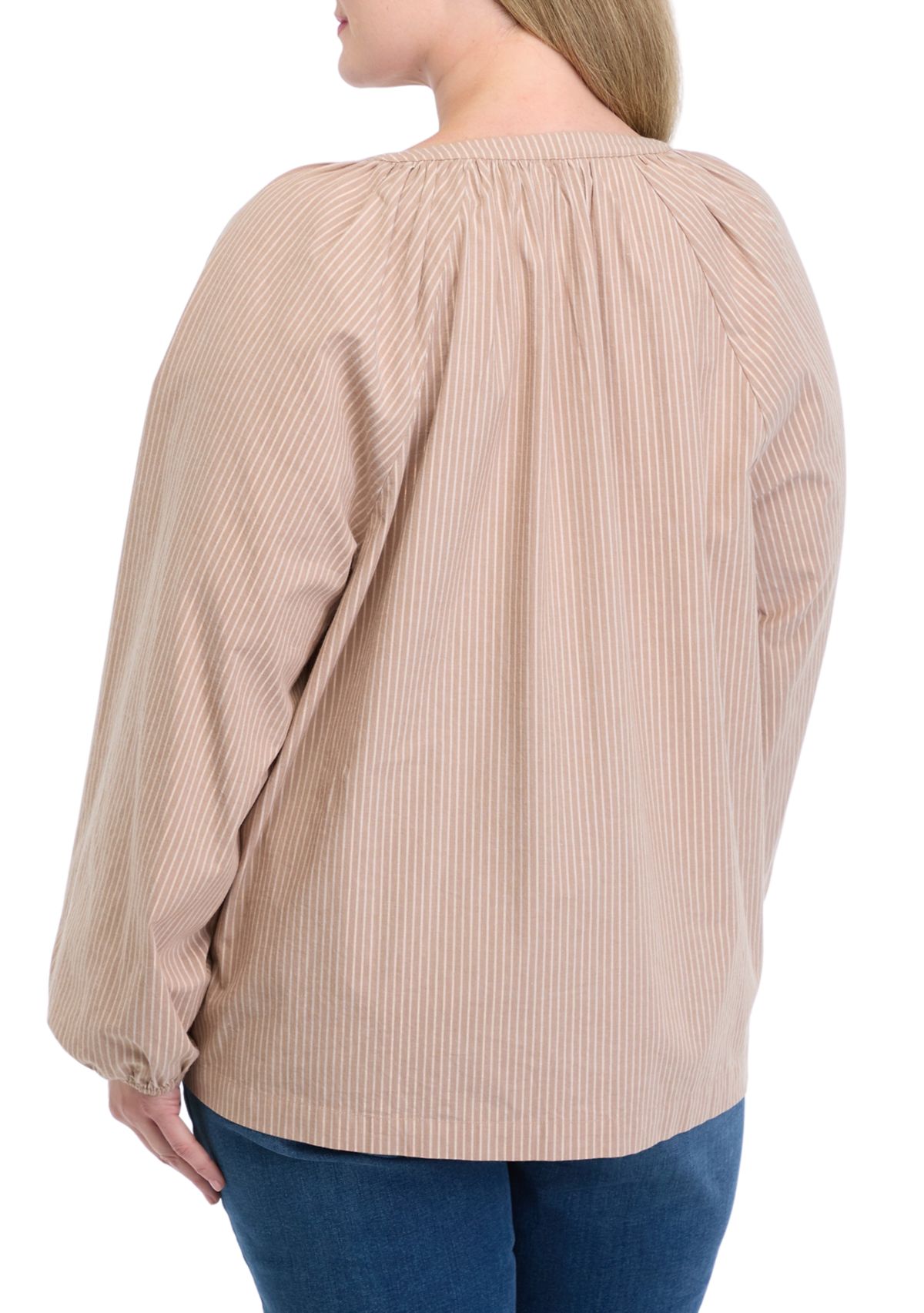 Plus Size Long Sleeve Lurex Yarn Dyed Peasant Top