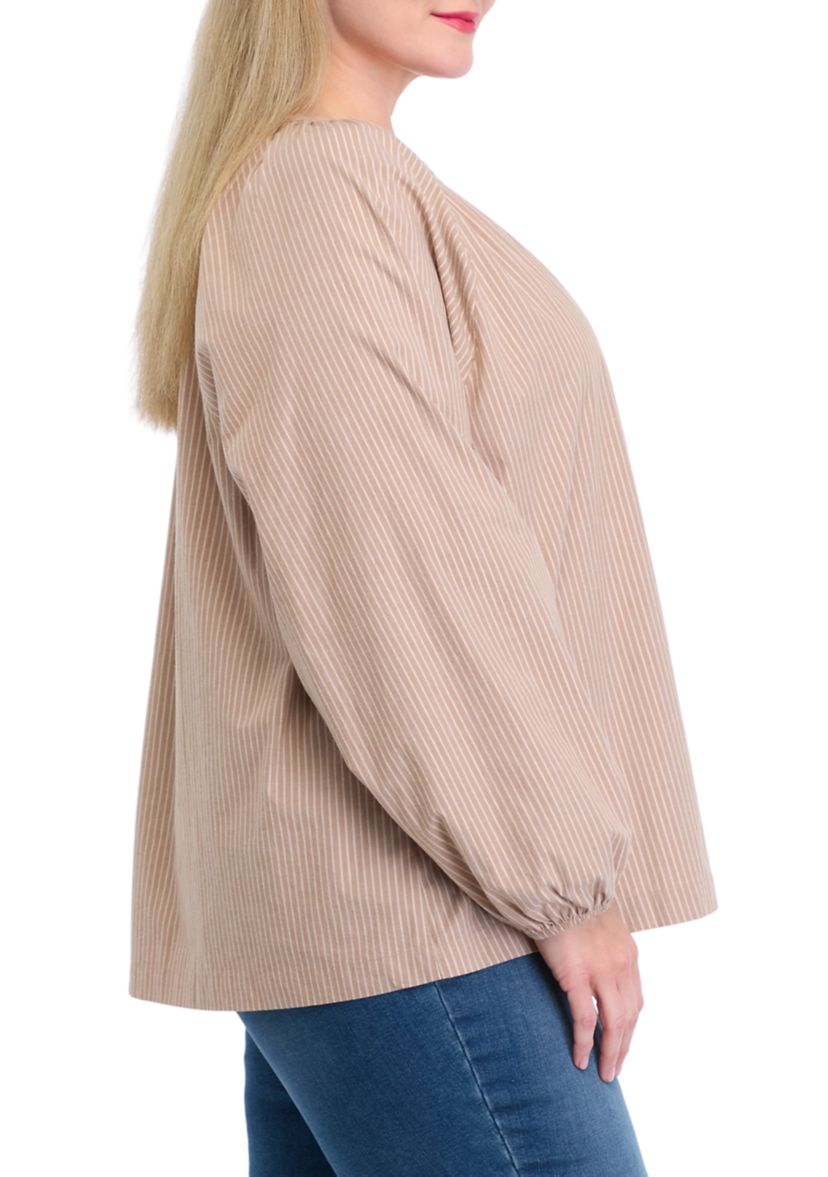 Plus Size Long Sleeve Lurex Yarn Dyed Peasant Top