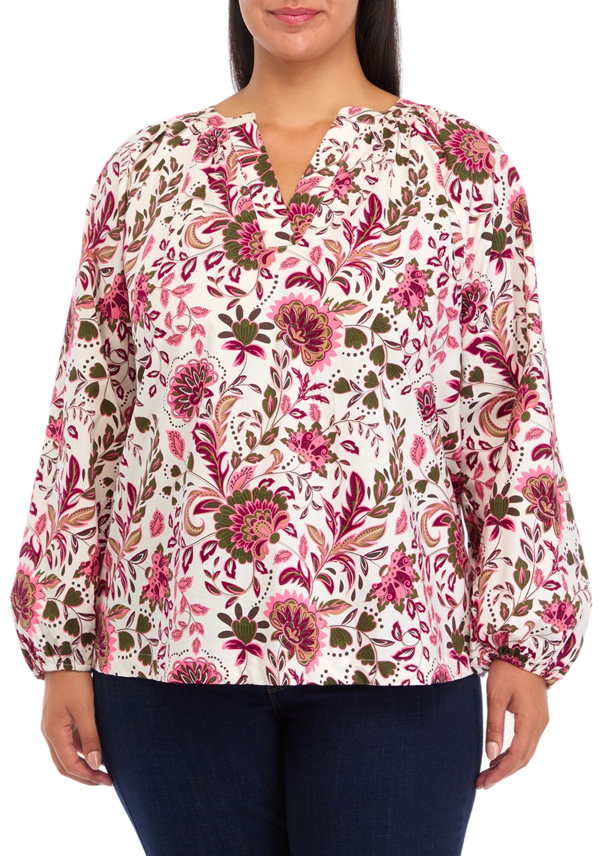 Plus Size Long Sleeve Printed Peasant Top 
