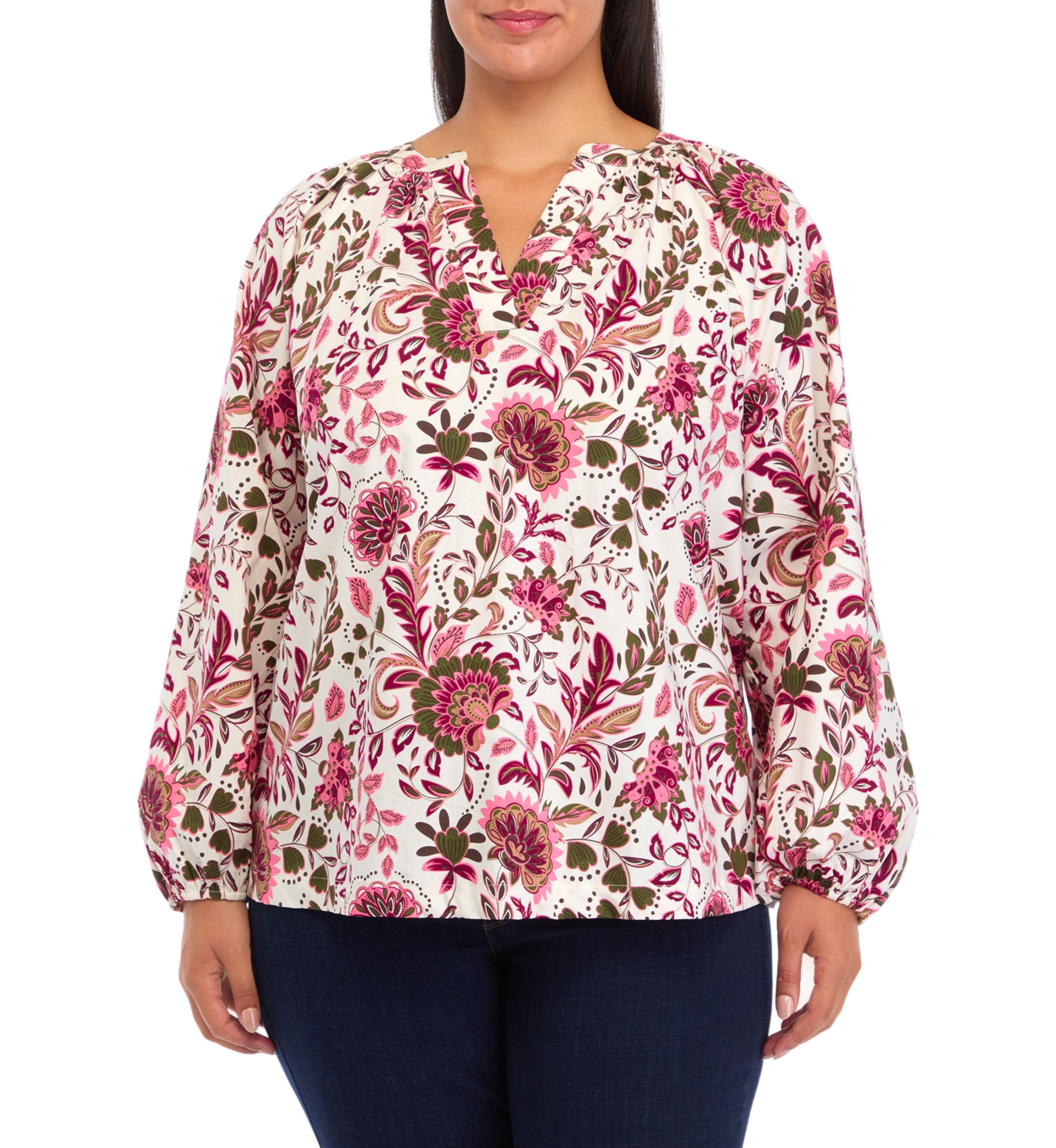 Plus Size Long Sleeve Printed Peasant Top 