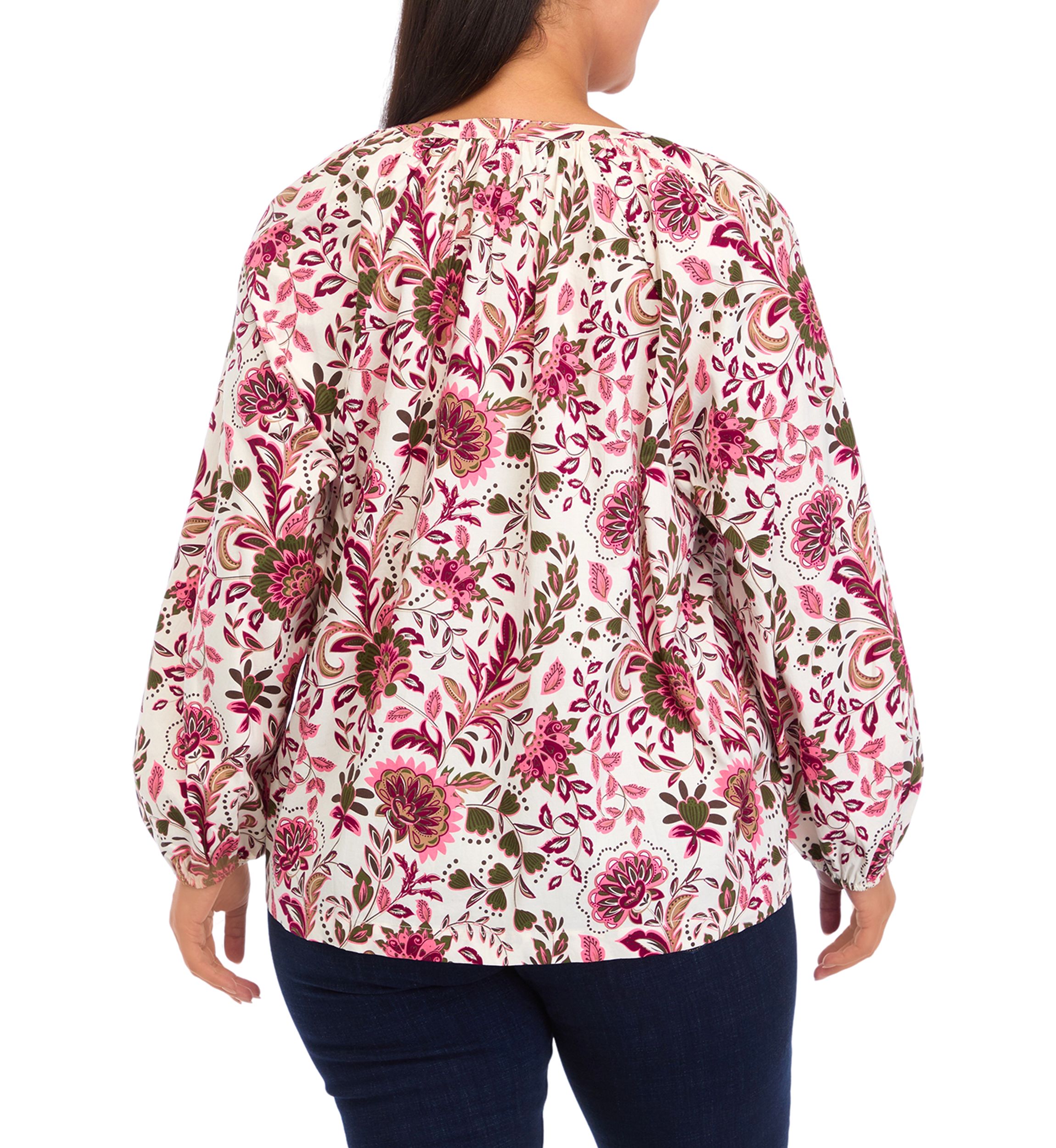Plus Size Long Sleeve Printed Peasant Top 