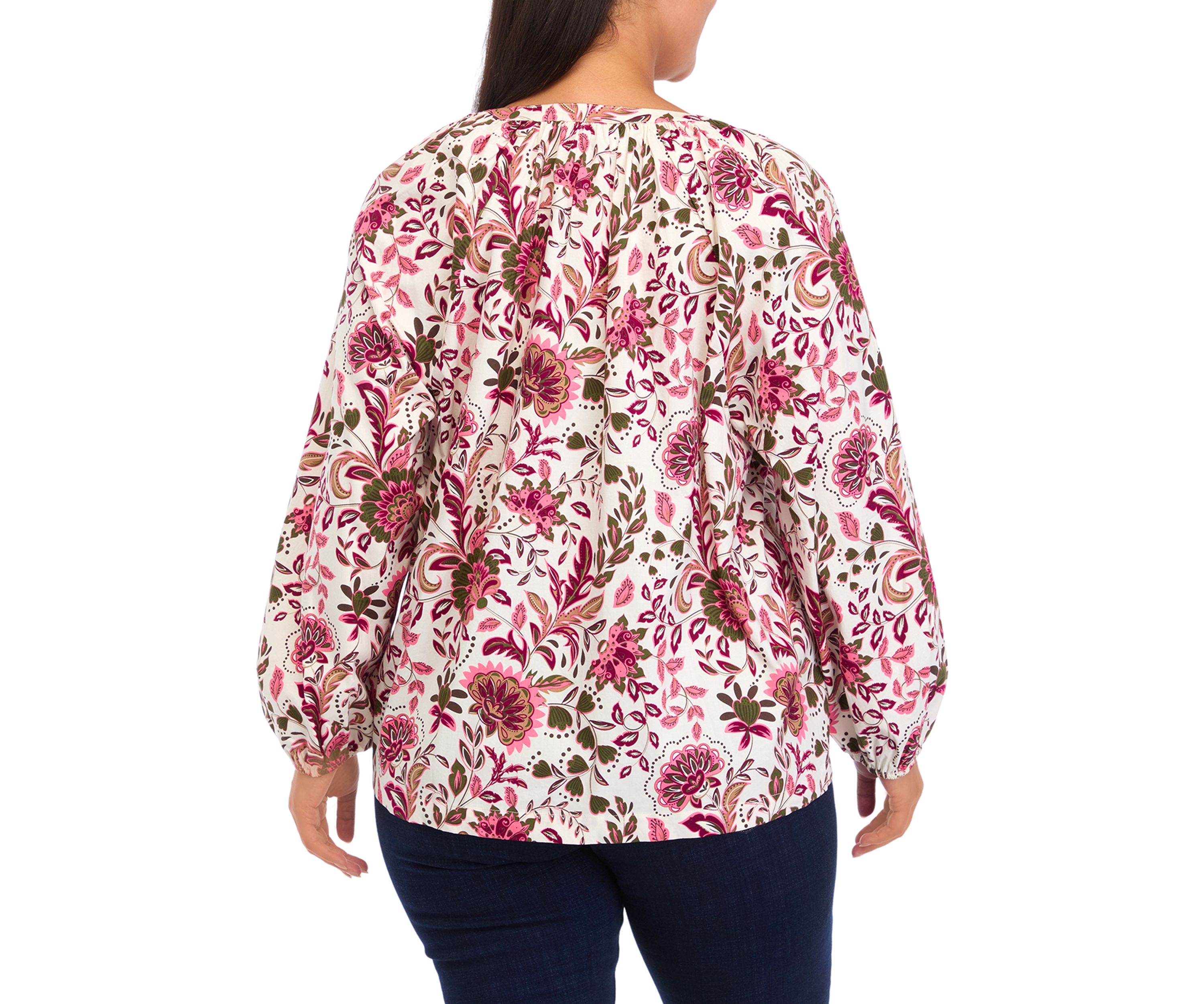 Plus Size Long Sleeve Printed Peasant Top 