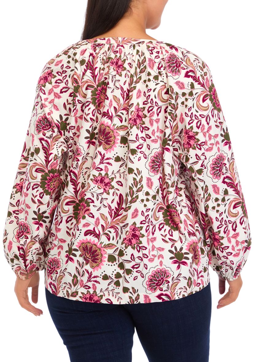 Plus Size Long Sleeve Printed Peasant Top 