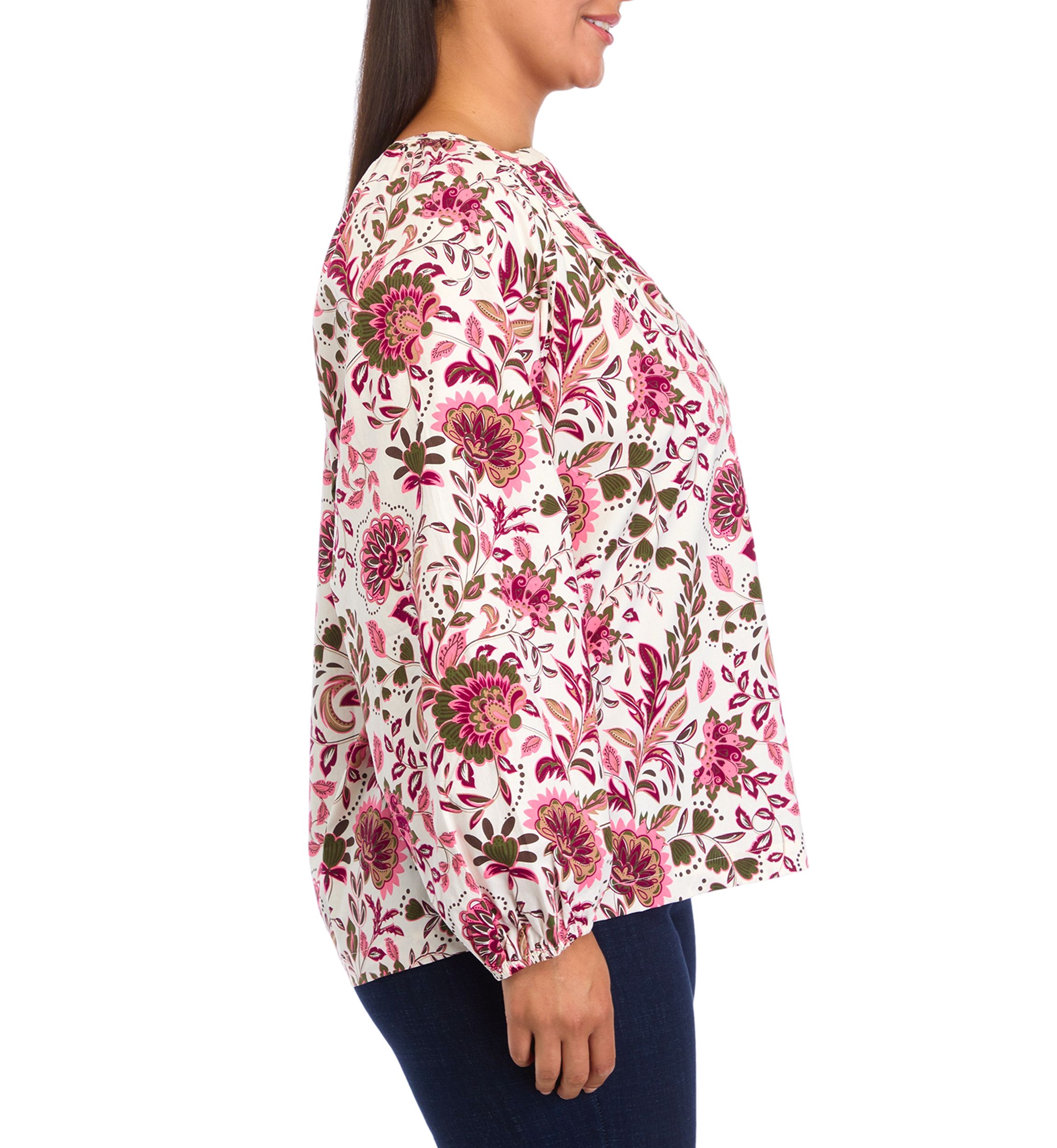 Plus Size Long Sleeve Printed Peasant Top 